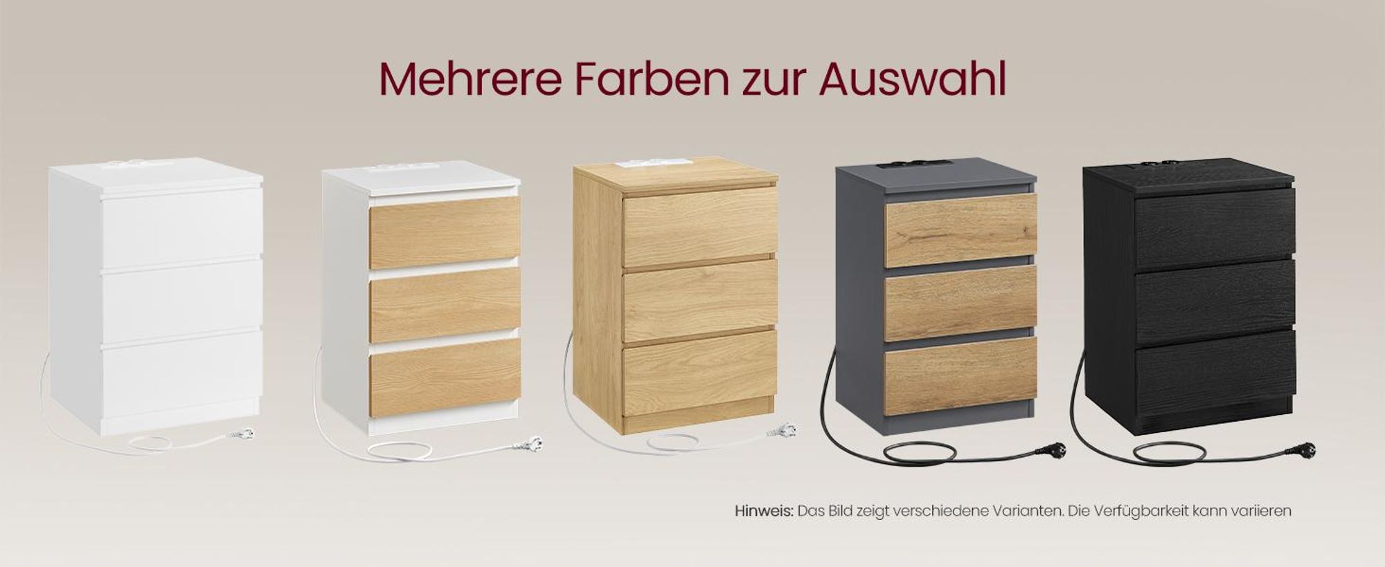 VASAGLE Nachttisch, 2er Set, Beistelltisch, 3 Schubladen, abgeschrägte Kante, 2 AC-Steckdosen, 2 USB-Anschlüsse