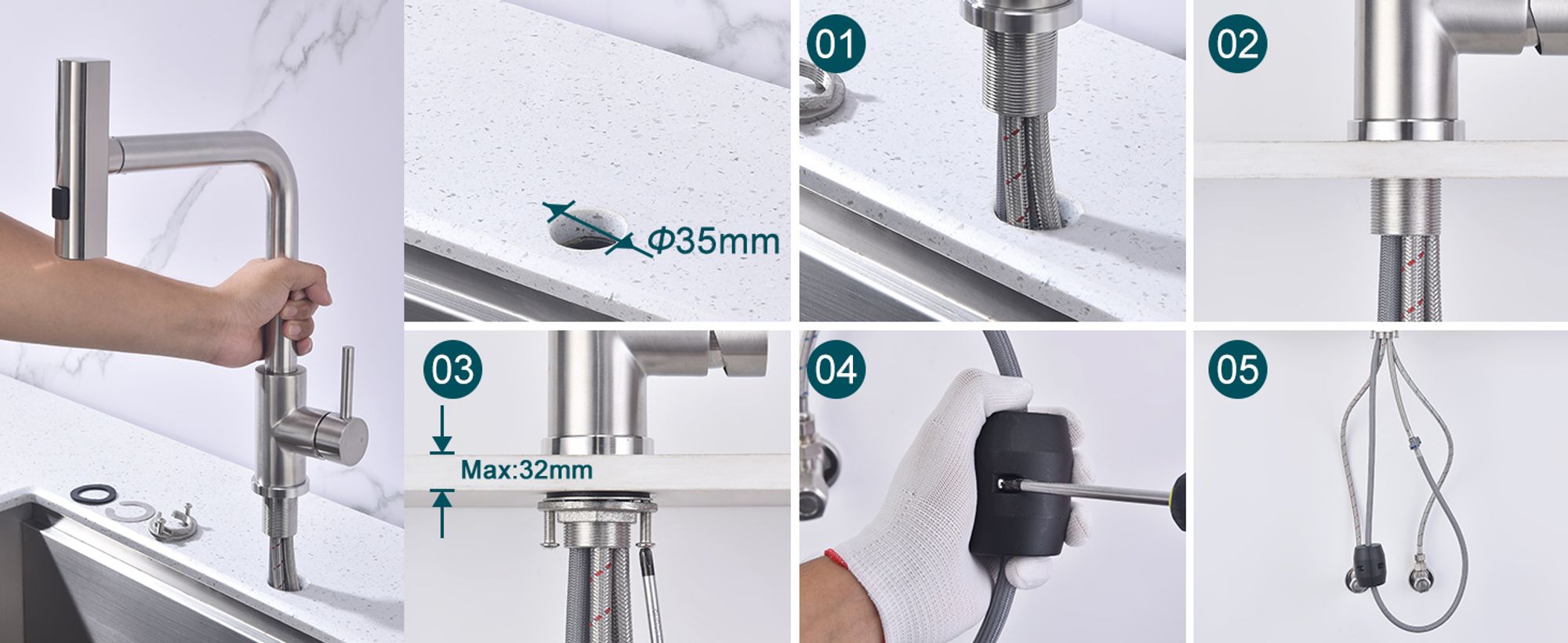 Homelody Küchenarmatur Edelstahl – 360° Schwenkbare Ausziehbare Spültischarmatur mit 3-Funktion-Brause, Wasserhahn Küchen für Flexibles Arbeiten