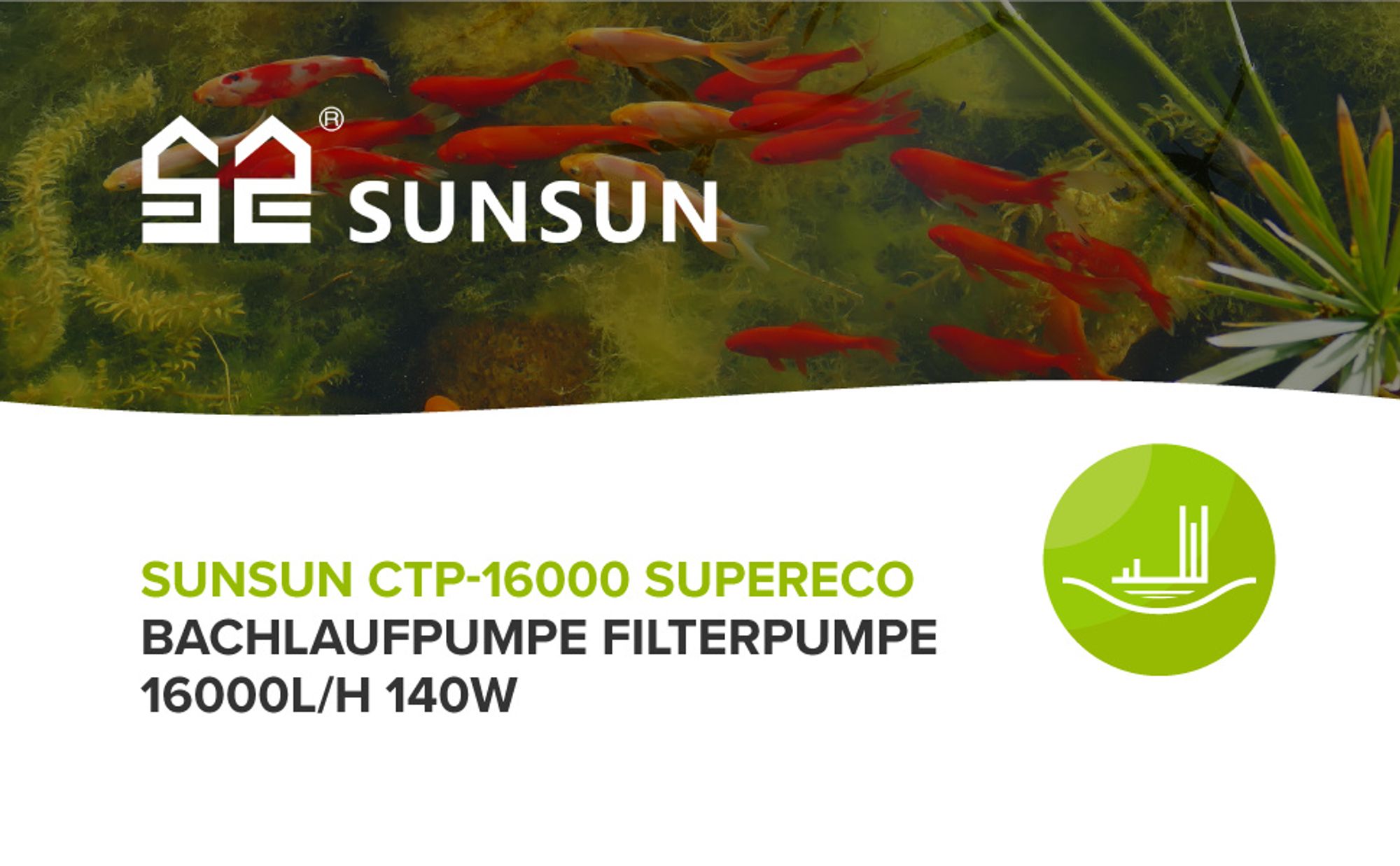 SunSun CTP-16000 SuperECO Teichpumpe 16.000 l/h / 140 W, energiesparende Filterpumpe, Bachlaufpumpe für Koiteiche, Umwälzpumpe, Gartenteichpumpe