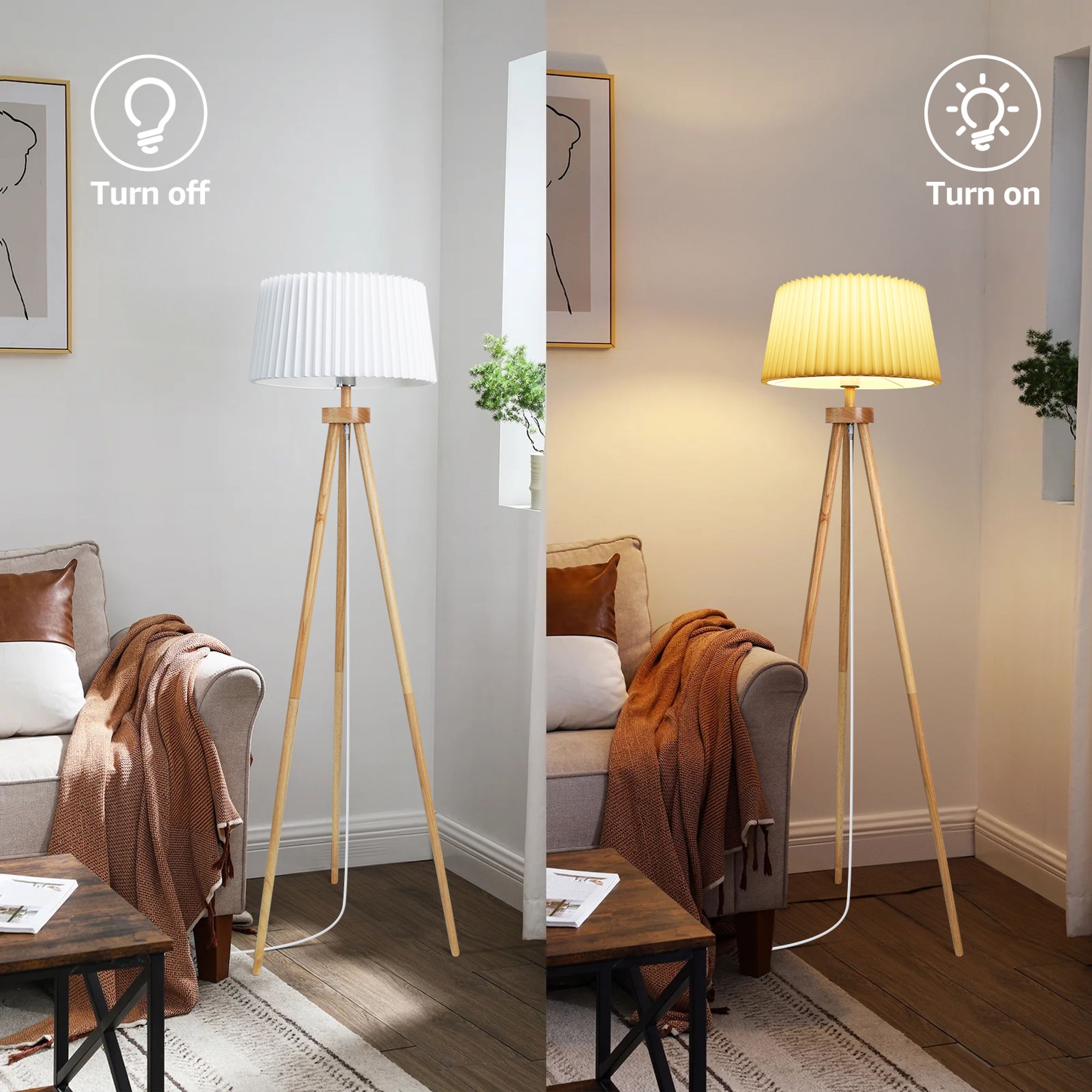 Aigostar stehlampe wohnzimmer, LED stehlampe dreibein holz vintage mit Plissee leinen lampenschirm und fußschalter, Weiß, ohne Glühbirne