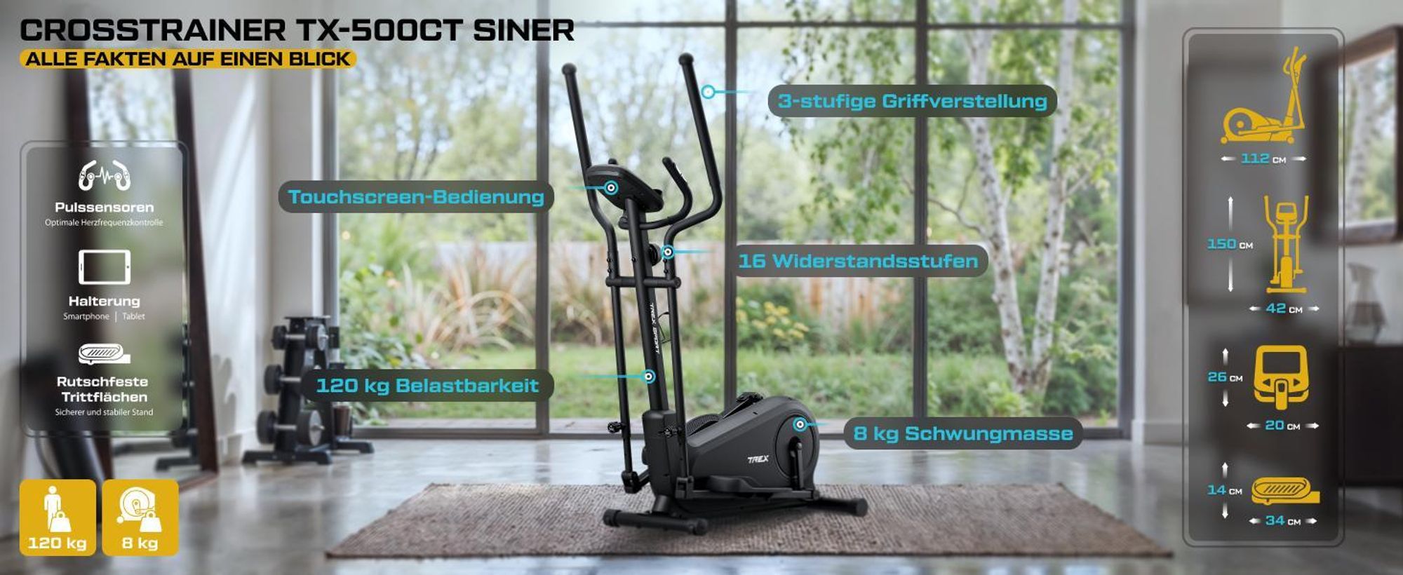 TREX SPORT Crosstrainer für zuhause TX-500CT SINER | Ellipsentrainer magnetisch bis 120kg, 16 Stufen Widerstand, verstellbare Griffe, 8kg Schwungmasse