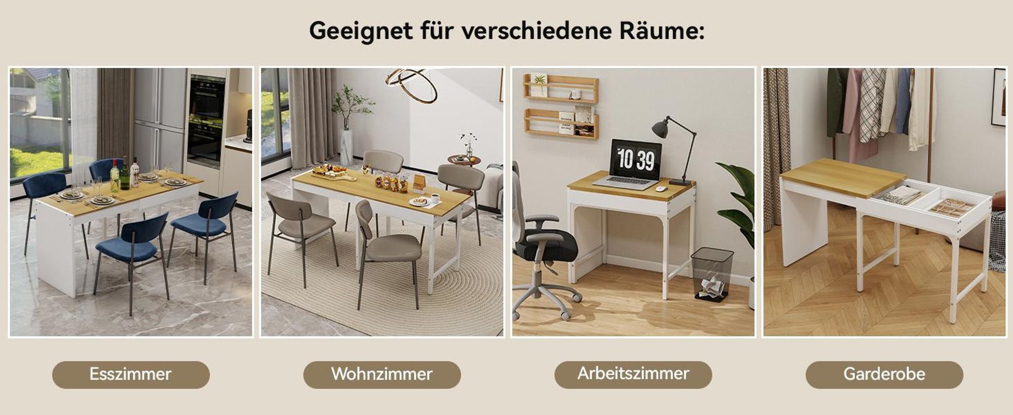 Puluomis Esstisch ausziehbar, Erweiterbarer Tisch 55x80-160cm, Klapptisch mit Verstärkter MDF-Platte, Küchen-/Wohnzimmertisch weiß natur