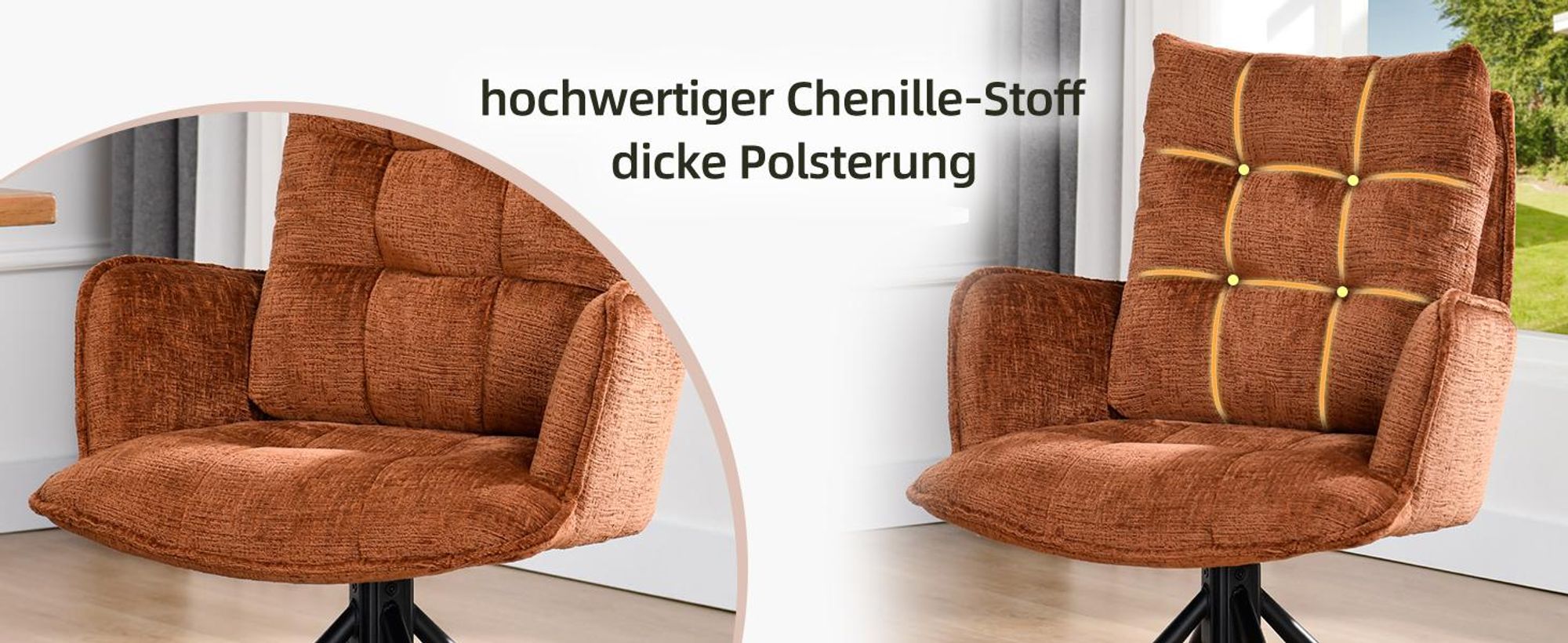 Duhome Esszimmerstuhl 360° Drehbar Loungesessel Chenille Stuhl Ergonomisch Sessel mit Rückstellfunktion für Büro Küche Wohnzimmer Schlafzimmer, Orange