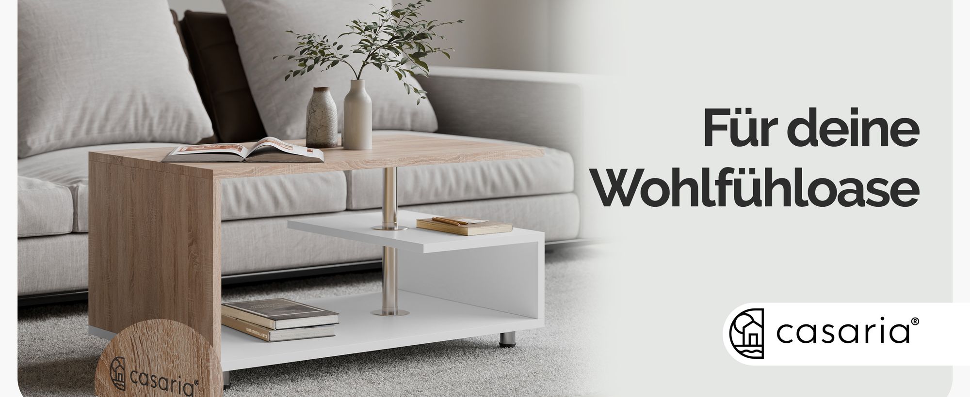 CASARIA® Couchtisch Weiß Eiche Holz mit Stauraum 95x55cm Edelstahl Füße Höhenverstellbar Ablage Modern Rechteckig Beistelltisch Wohnzimmer Tisch Couch