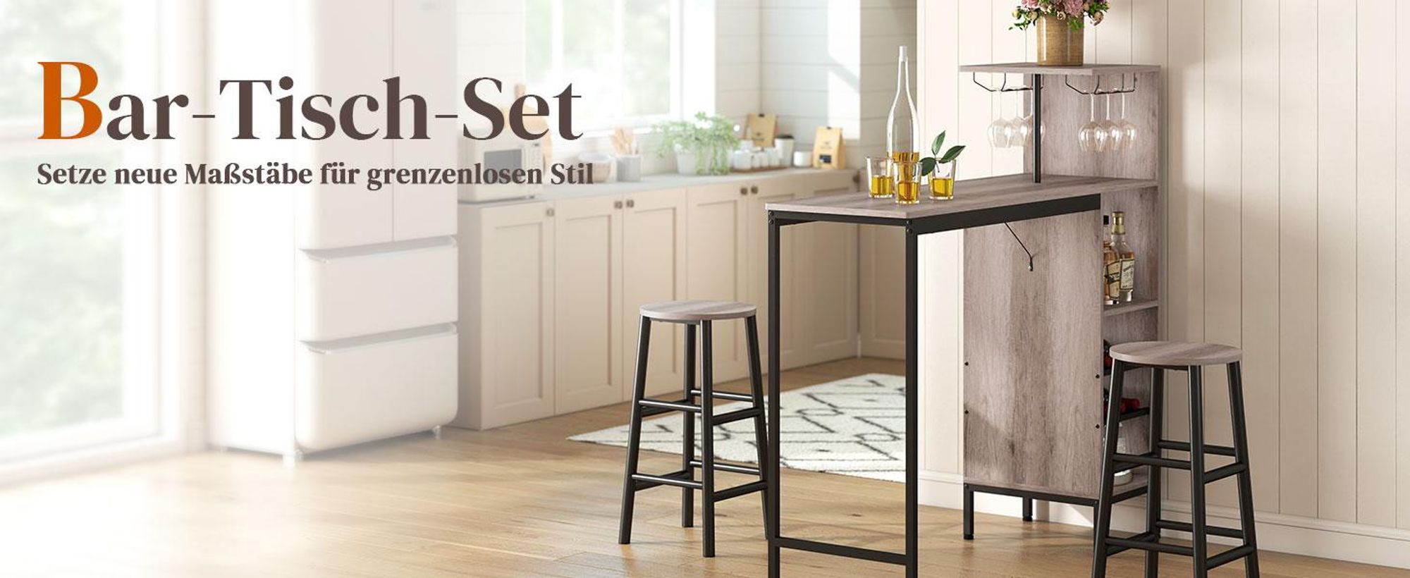 HOMCOM Bartisch mit Barhocker Set Tresentisch mit 2 Stühlen mit Fußstütze, Grau
