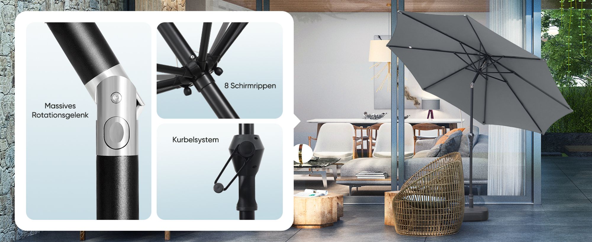 Sekey Alu Sonnenschirm 300 cm Rund Knickbar mit Kurbel Windfest und Neigbar UV 50 Schutz für Balkon und Garten, Grau