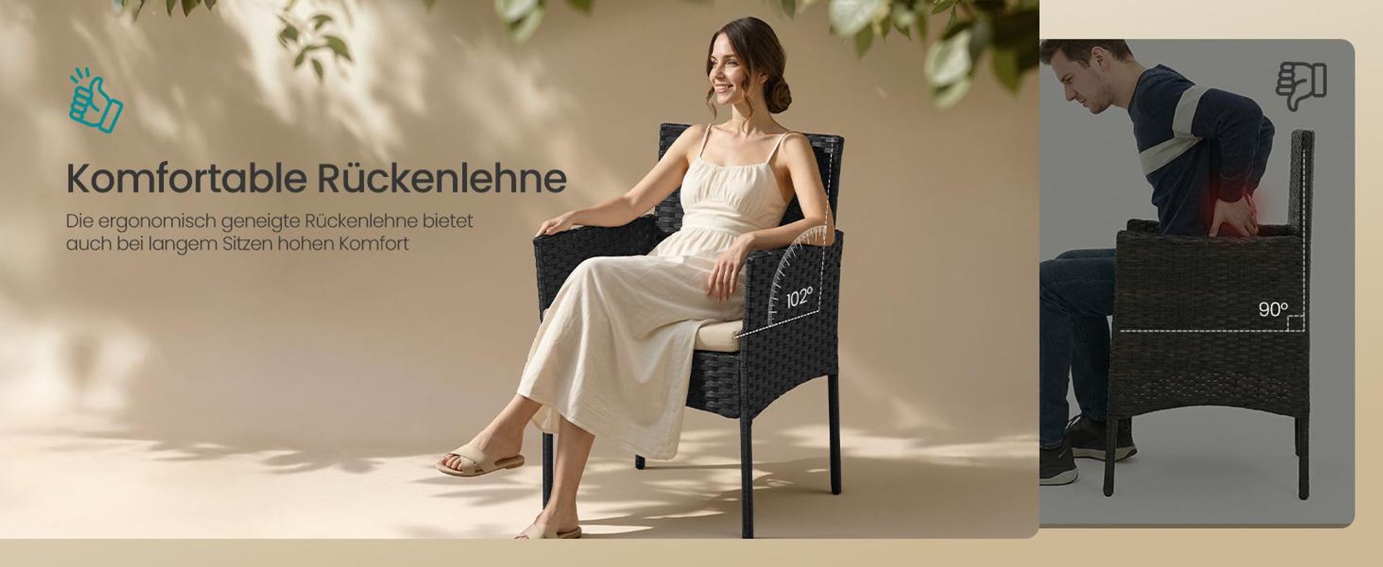 SONGMICS (3-tlg) Balkonmöbel, Gartenlounge-Set, aus PE-Polyrattan, Tisch und 2 Stühle, schwarz-taupe