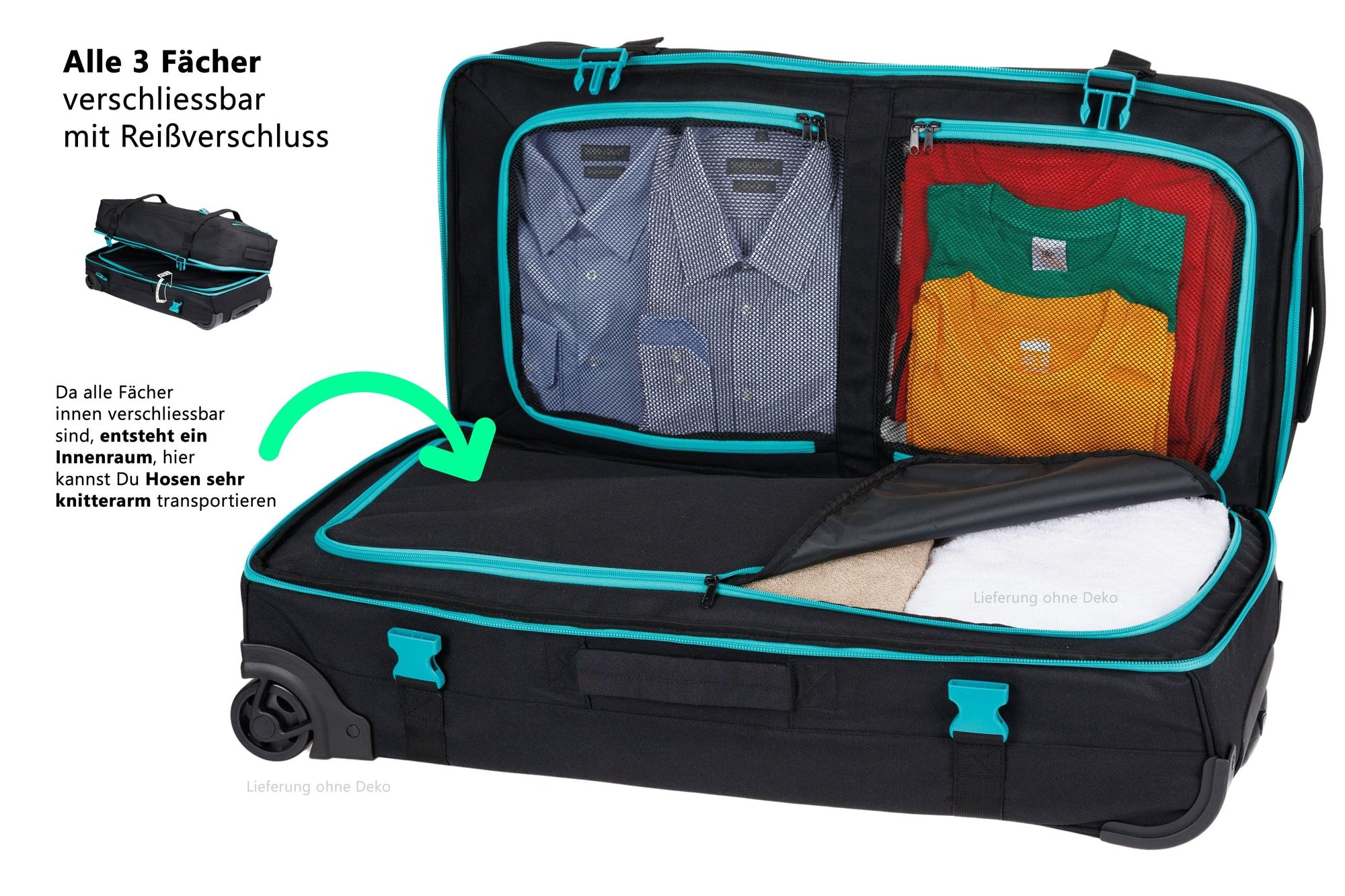 Trolley groß Koffer Reisetasche mit Rollen Elephant Travel XXL Trolly 100 Liter 80 cm Trolly Gepäck Reisetrolley Tauchen One ECO 13133 Schwarz Türkis