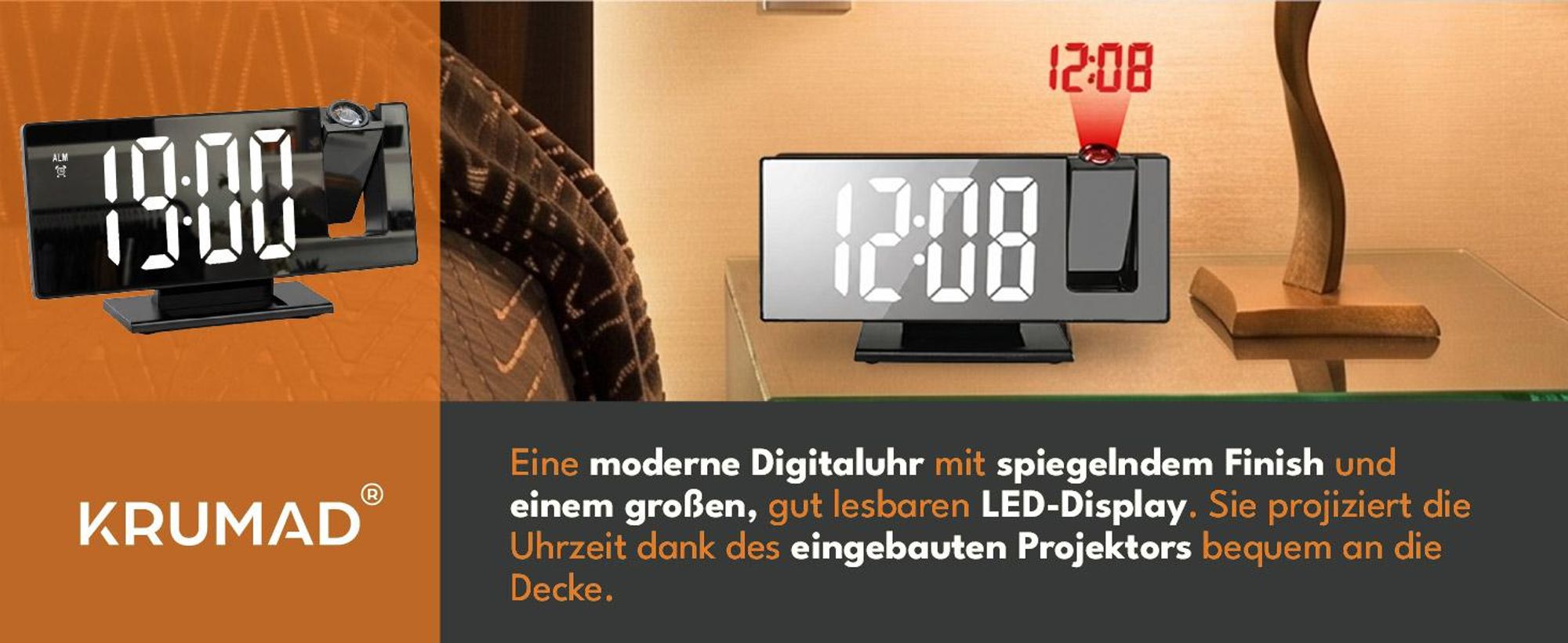 KRUMAD Projektionswecker Digital, Radiowecker mit Projektion, LED Uhr, USB Ladefunktion, 12/24 Stunden Anzeige, Snooze Funktion, Wecker Schlafzimmer
