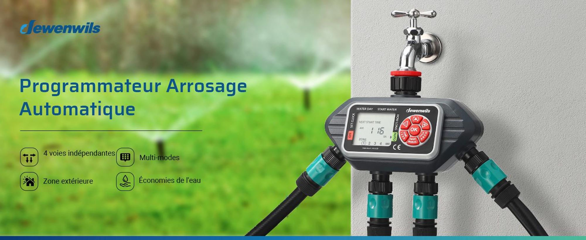 DEWENWILS Programmateur Arrosage 4 Voies, 4 Programmes d'arrosage par Zone, Arrosage Automatique pour Jardin Pelouse Pool, Mode Automatique et Manuel