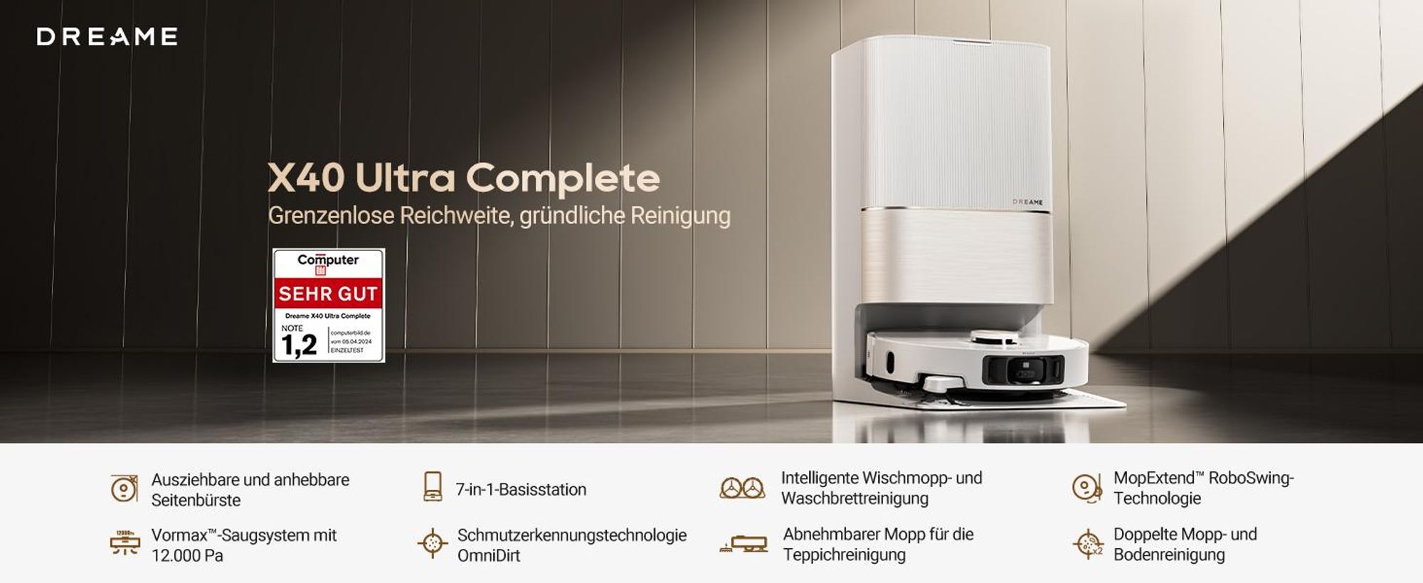 Dreame X40 Ultra Complete Saugroboter mit Wischfunktion,12000Pa Saugkraft,70℃ Wischmopp,selbstreinigend,Automatische Entleerung＆Fill,Drehen und Heben