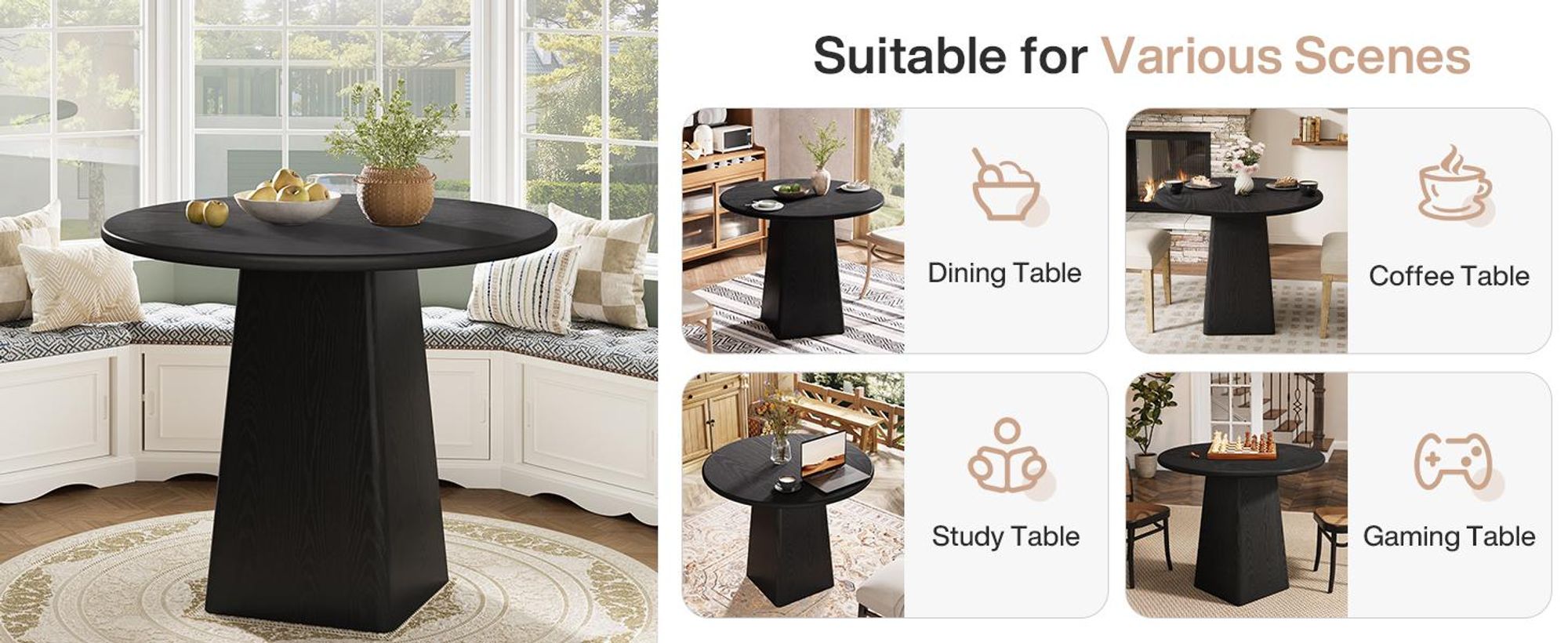 80 cm Runder Esstisch für 2-4 Personen, kleiner Küchentisch im Landhausstil mit quadratischem Fuß für Ess- und Wohnzimmer, Schwarz