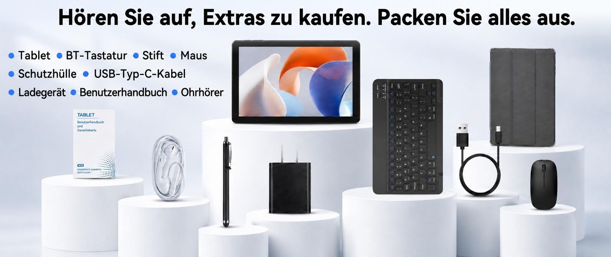 W80 10.1" 120Hz Tablet, 32+128GB/2TB, Android 16, 4G SIM+5G WIFI, Gemini AI 4.0, Widevine L1, 6000mAh, OTG, mit Tastatur/Maus/Stift/Schutzhülle Set