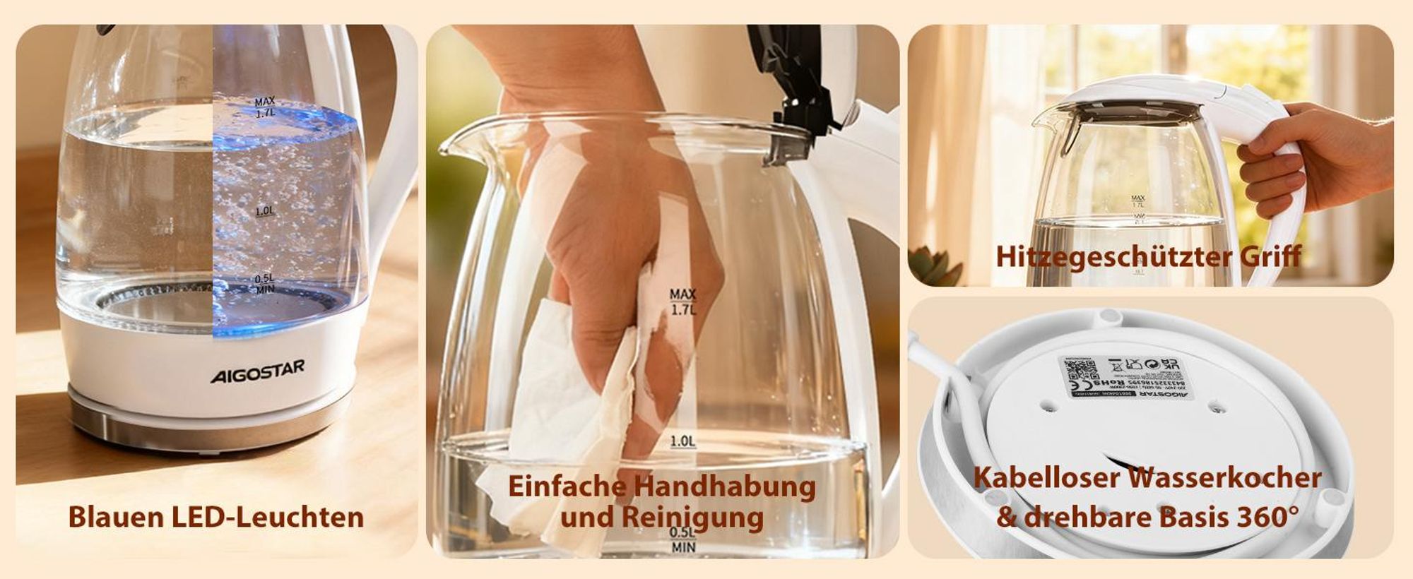 Aigostar Elektrischer Glas Wasserkocher mit LED-Beleuchtung, 2200 Watt, 1,7 Liter, kochtrocknender Schutz, BPA-frei, weiß