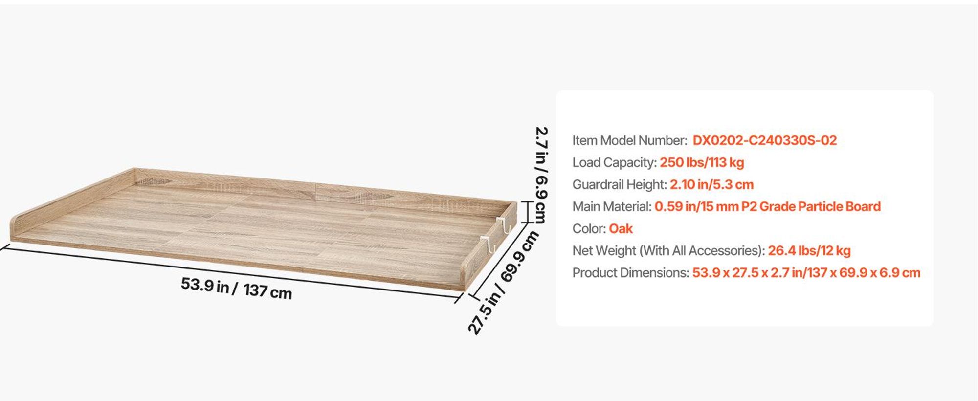 VEVOR Arbeitsplatte für Waschmaschine & Trockner (137 x 69,9 cm) mit Erhöhtem Rand & Haken, zur Organisation und Aufbewahrung im Wäscheschrank Speisekammer Küchentheke, 113 kg Belastbar, Eichenoptik