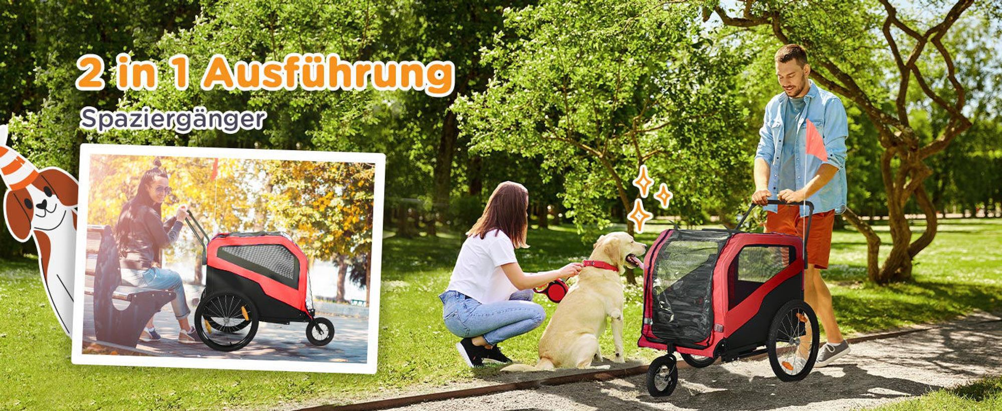 PawHut 2-in-1 Hundeanhänger Fahrradanhänger Hundewagen mit Reflektoren, Rot