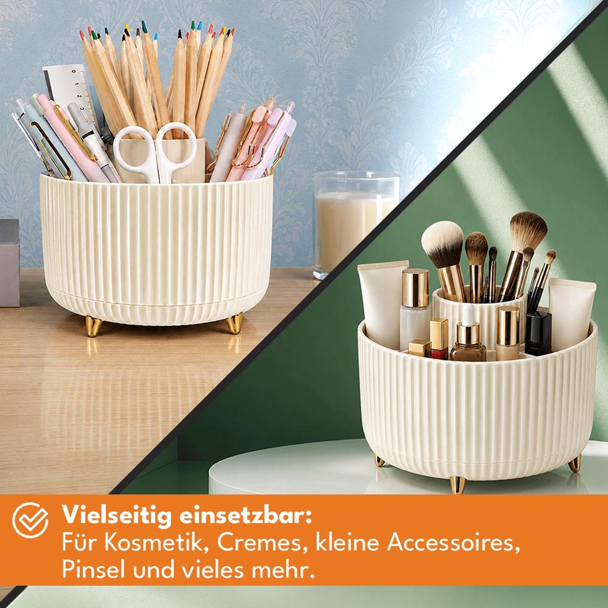 KRUMAD Kosmetik Organizer drehbar 360°, Make-up Organizer mit 5 Fächern, Parfümhalter, Pinselhalter, Kosmetikbox für Bad, Schminktisch und Büro