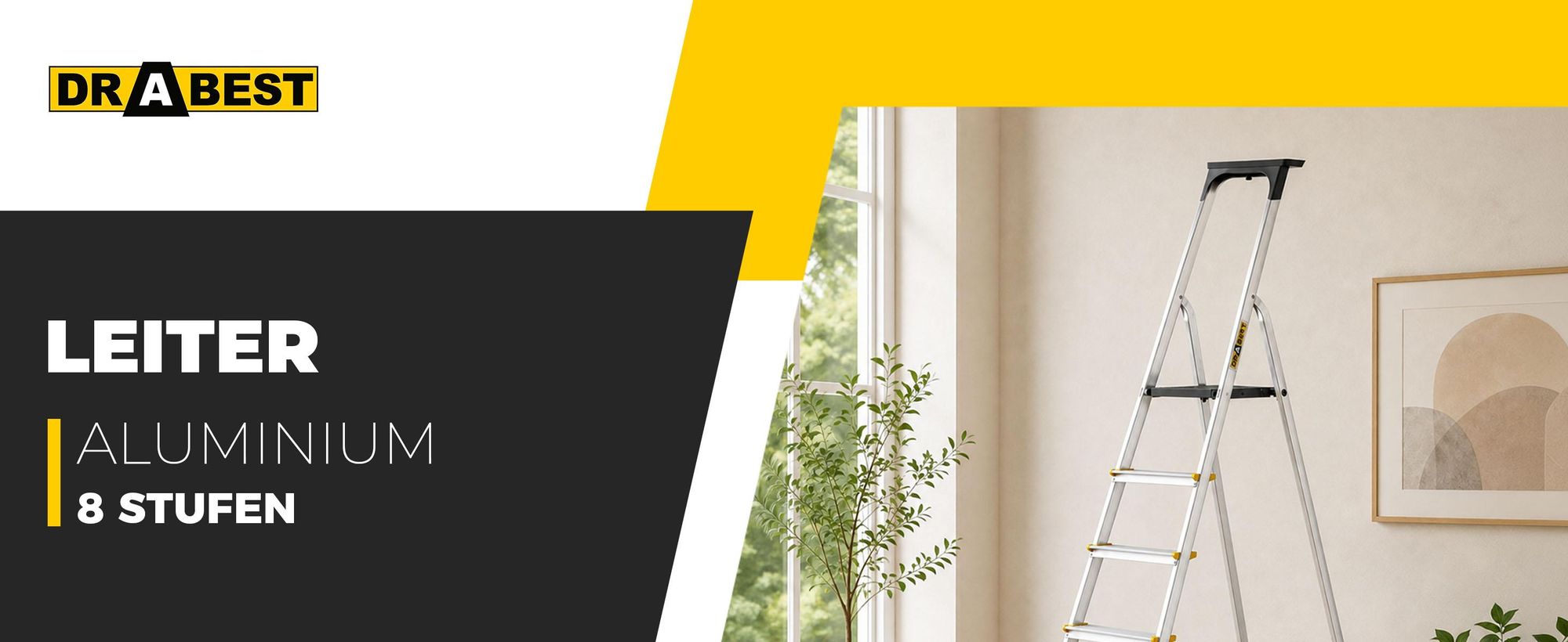 Drabest | Leiter - Aluminium Leiter Pro - 8 Stufen - Trittleiter - Stabil, Antirutsch, mit Regal - Tragkraft 150 kg