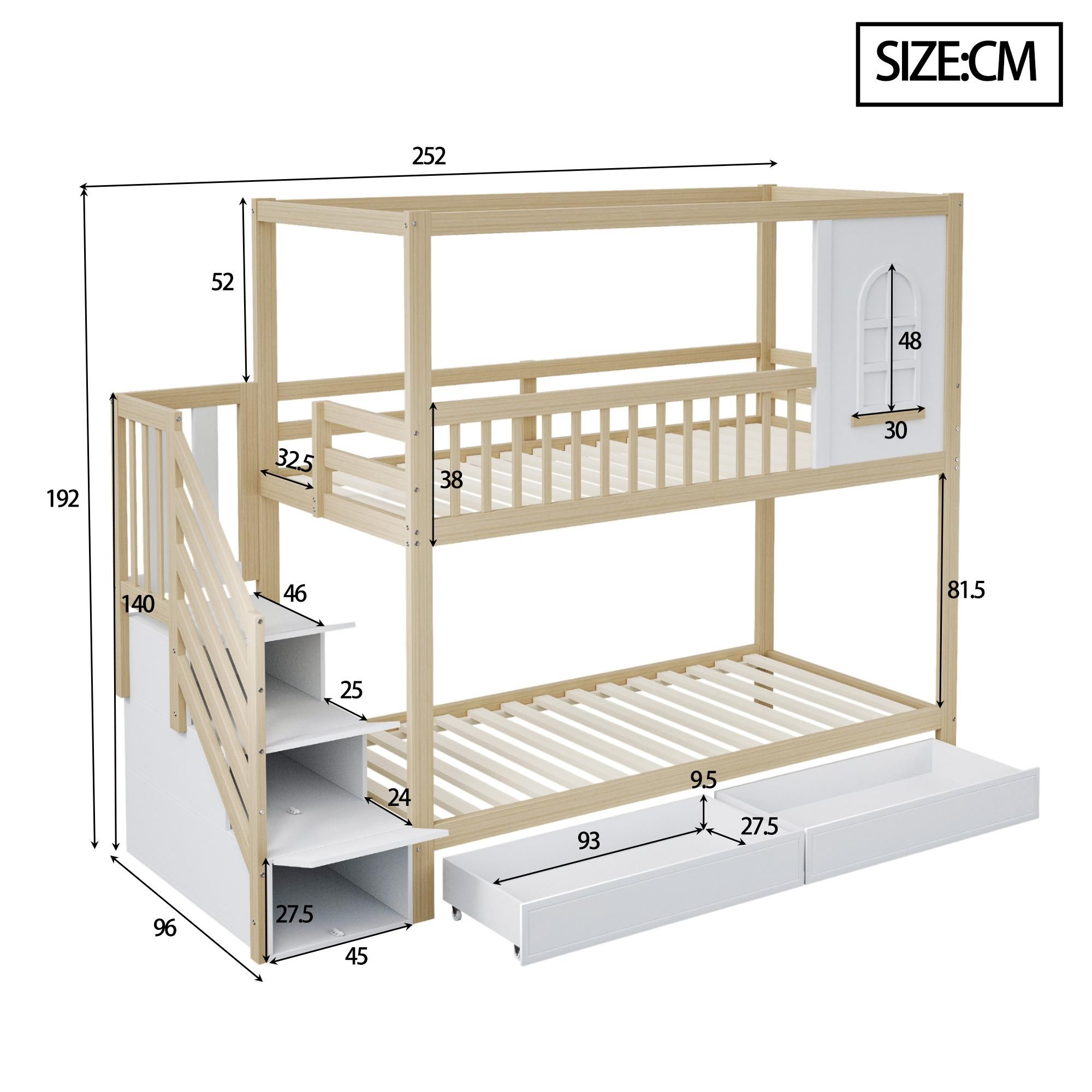 Flieks Etagenbett 90x200cm mit 2 Schubladen, Kinderbett Hausbett mit Treppe, Hochbett mit Rausfallschutz und Lattenrost, Holzbett Einzelbett Holzfarbe