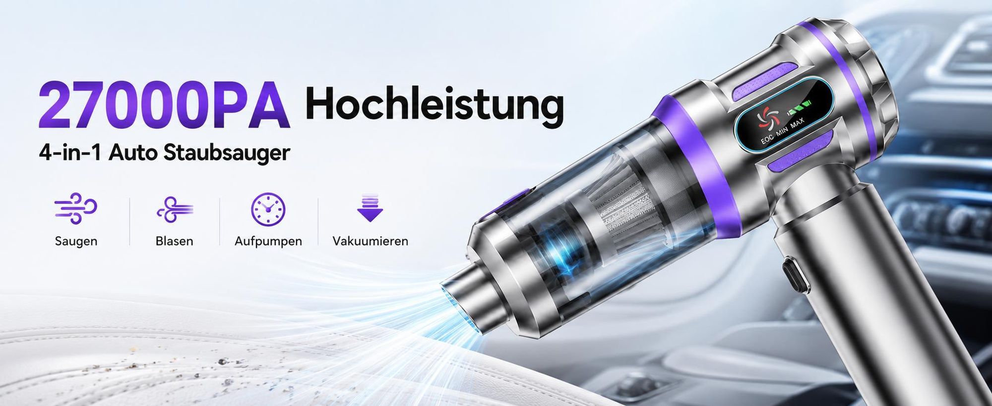 27000Pa/120W Handstaubsauger Akku Kabellos, Upgrade Beutelloser Mini Auto Staubsauger, 4-in-1 Handsauger mit HEPA Filter & 3Stufen,für Auto & Haushalt