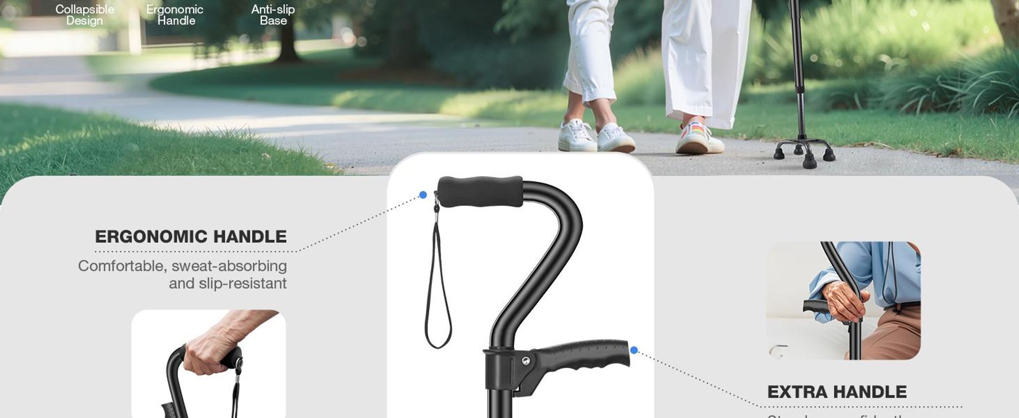 Gehstock, Handstock, Gehhilfe, Rutschfest und Höhenverstellbar, bis 150 kg, mit 4-Zinken-Basis, für Damen & Herren