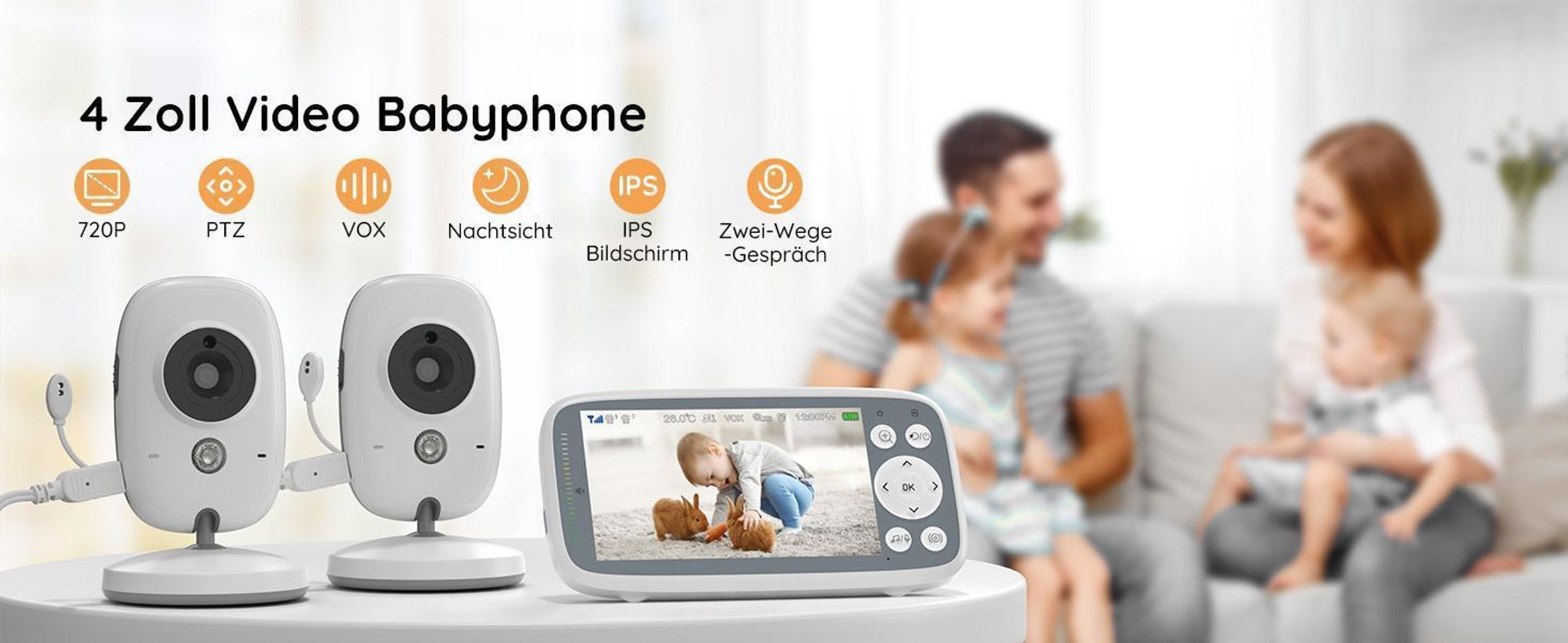 BOIFUN Babyphone HD 4 Zoll mit 2 Kameras ohne WLAN VOX Nachtsicht Babyfon 2-Wege-Gespräch Erweiterbar bis 4 Kameras mit Halterung