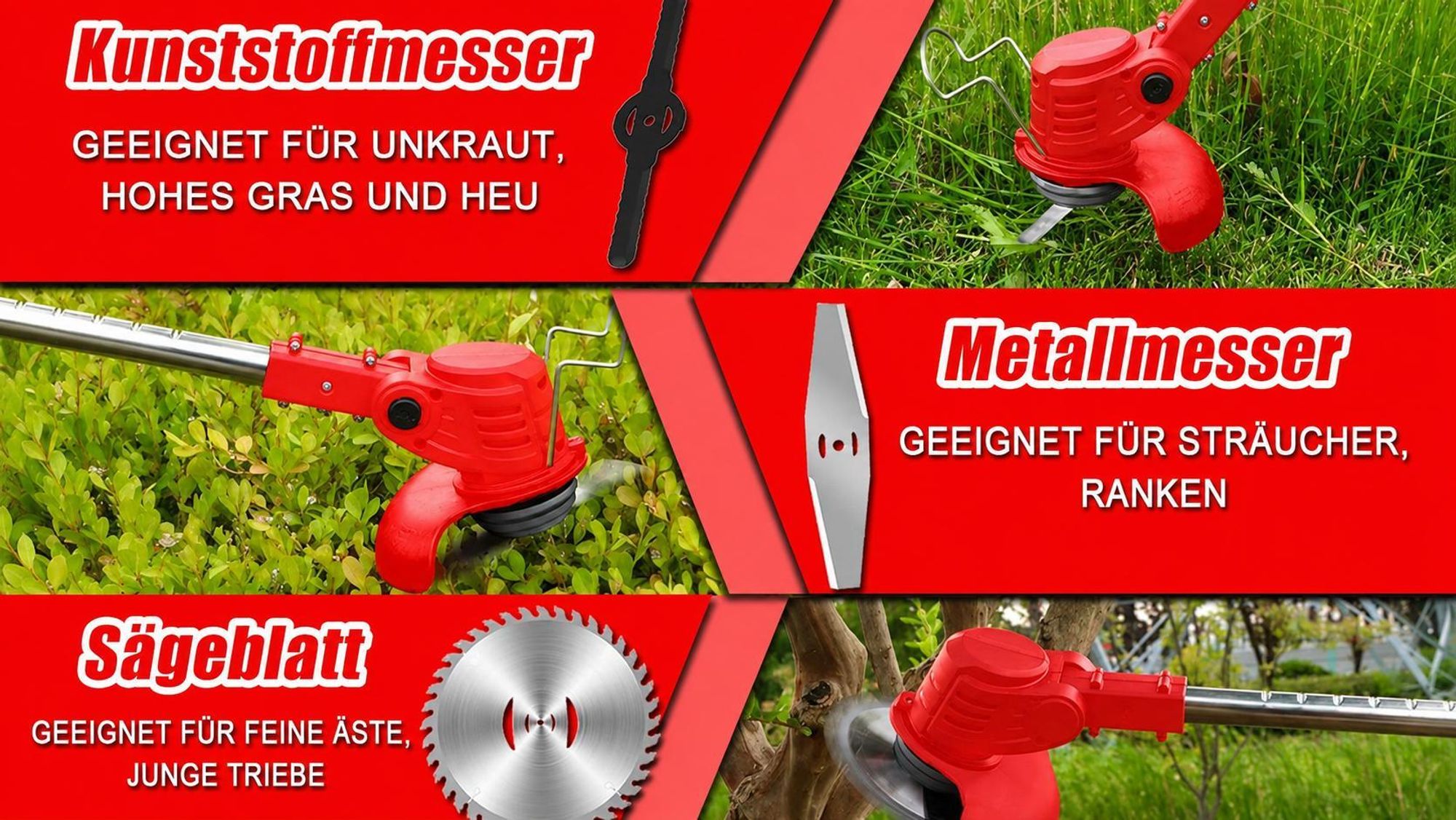 Akku Rasentrimmer, Freischneider mit 2 x 2000mAh Akku und Ladegerät, Teleskop-Stiel & Zusatzhandgriff, Mit Rädern, 180° Trimmwinkel, Arbeitssparend