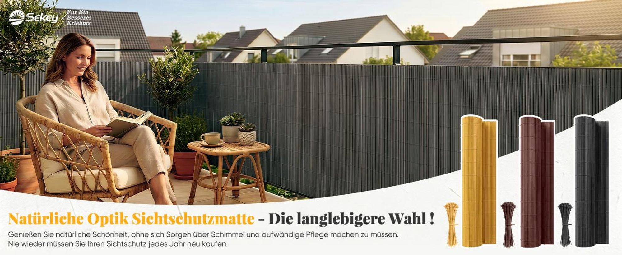 Sekey Balkon Sichtschutz Natürliche Optik Sichtschutzmatte Sichtschutzzaun 80x300cm, Anthrazit