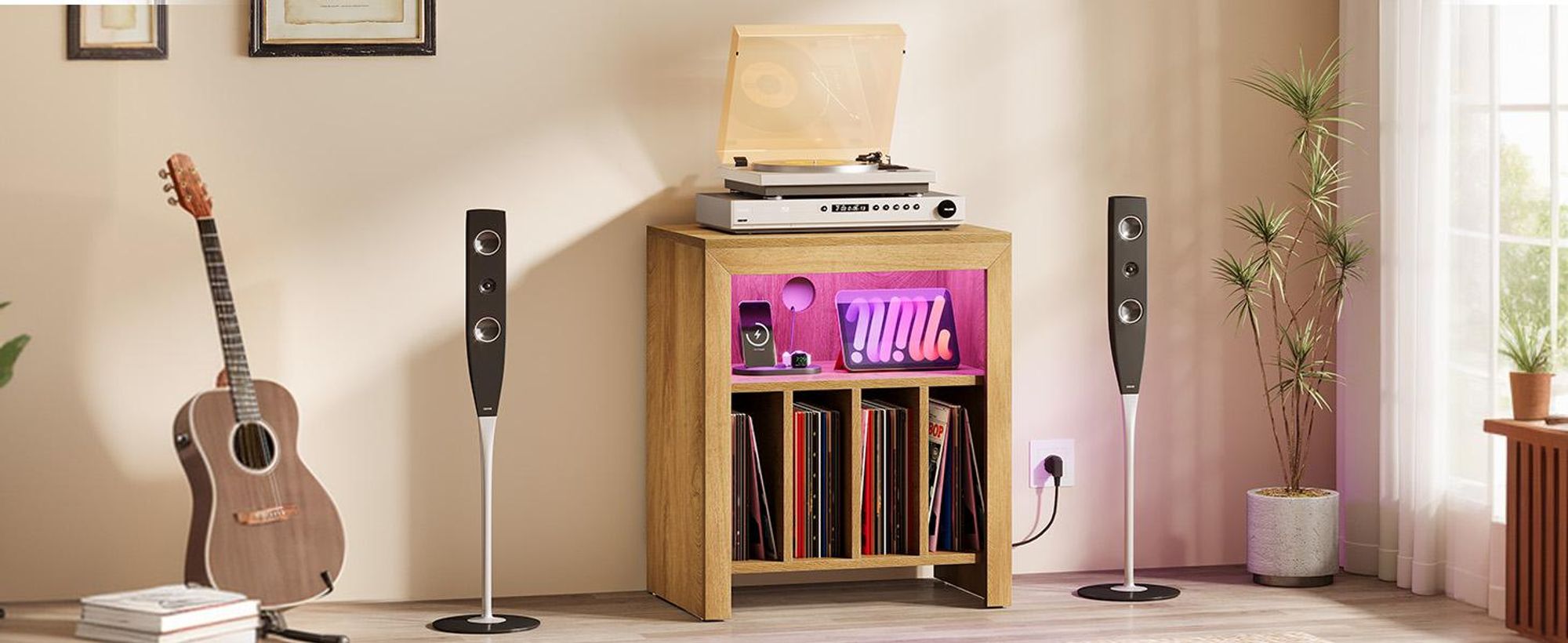 Beistelltisch, 60 cm Nachttisch für Schallplatten, 2-stöckiger Plattenspieler-Ständer