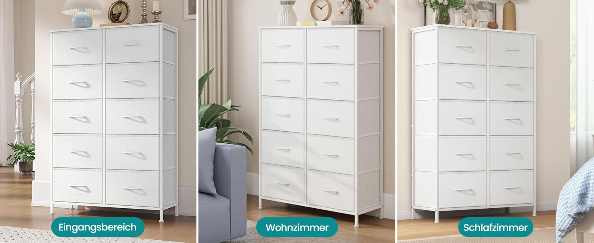SONGMICS Kommode, Schrank, 10 Stoffschubladen, für Schlafzimmer, Flur, Wohnzimmer, weiß