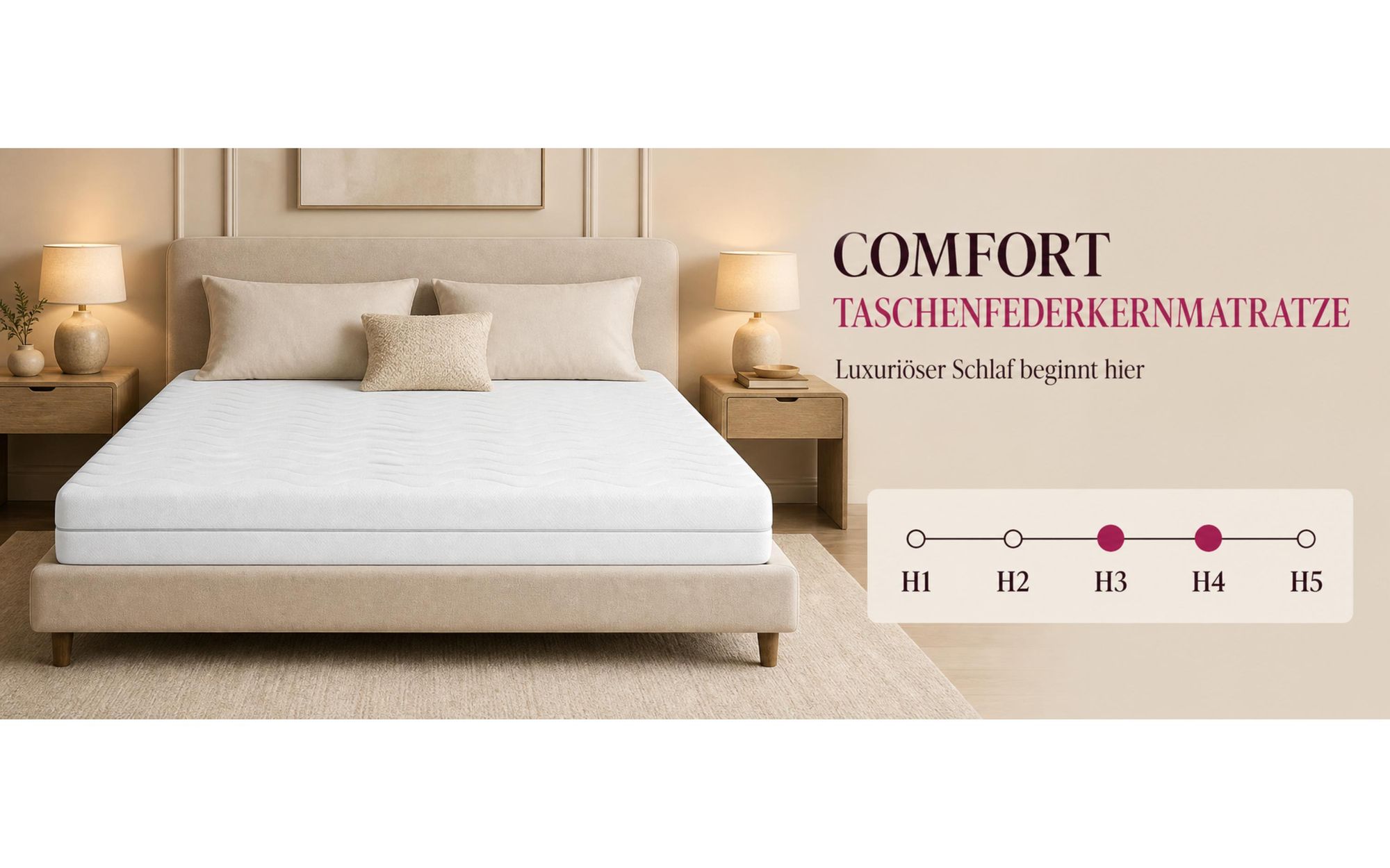 MARPUR Taschenfederkernmatratze 180x200 Comfort, 7 Zonen, H3/H4, Höhe 26 cm, Latex-Kokos