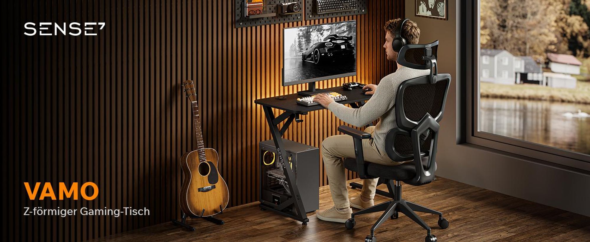 Sense7 VAMO Gaming Schreibtisch 100x50 cm Schwarz Computertisch PC Tisch klein Carbon Optik Z-Shape Gamer Tisch mit Getränkehalter Home Office Büro