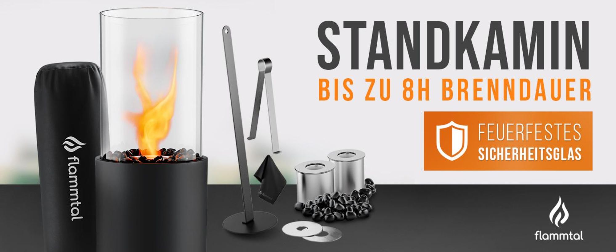 Flammtal Bioethanol Kamin [8h Brenndauer / 80x26x26 cm] – Freistehender Ethanol Standkamin für Out– & Indoor – Ethanol Kamin mit verstellbarer Flamme