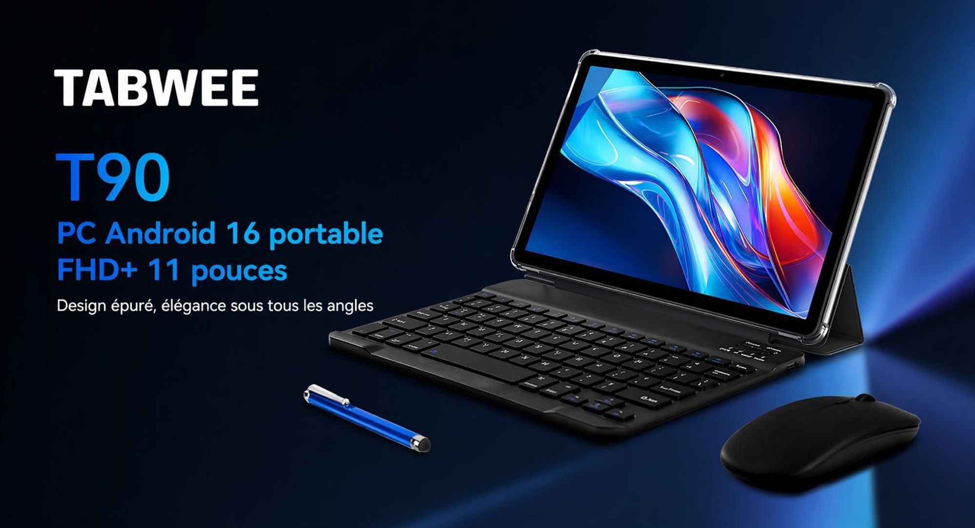 Tablette T90 Android 16 avec clavier et stylet-Écran 11 pouces, 24+128 Go ROM, FHD+ 1920x1200, octa-cœur, 8000 mAh, reconnaissance faciale, 13+5MP,GPS