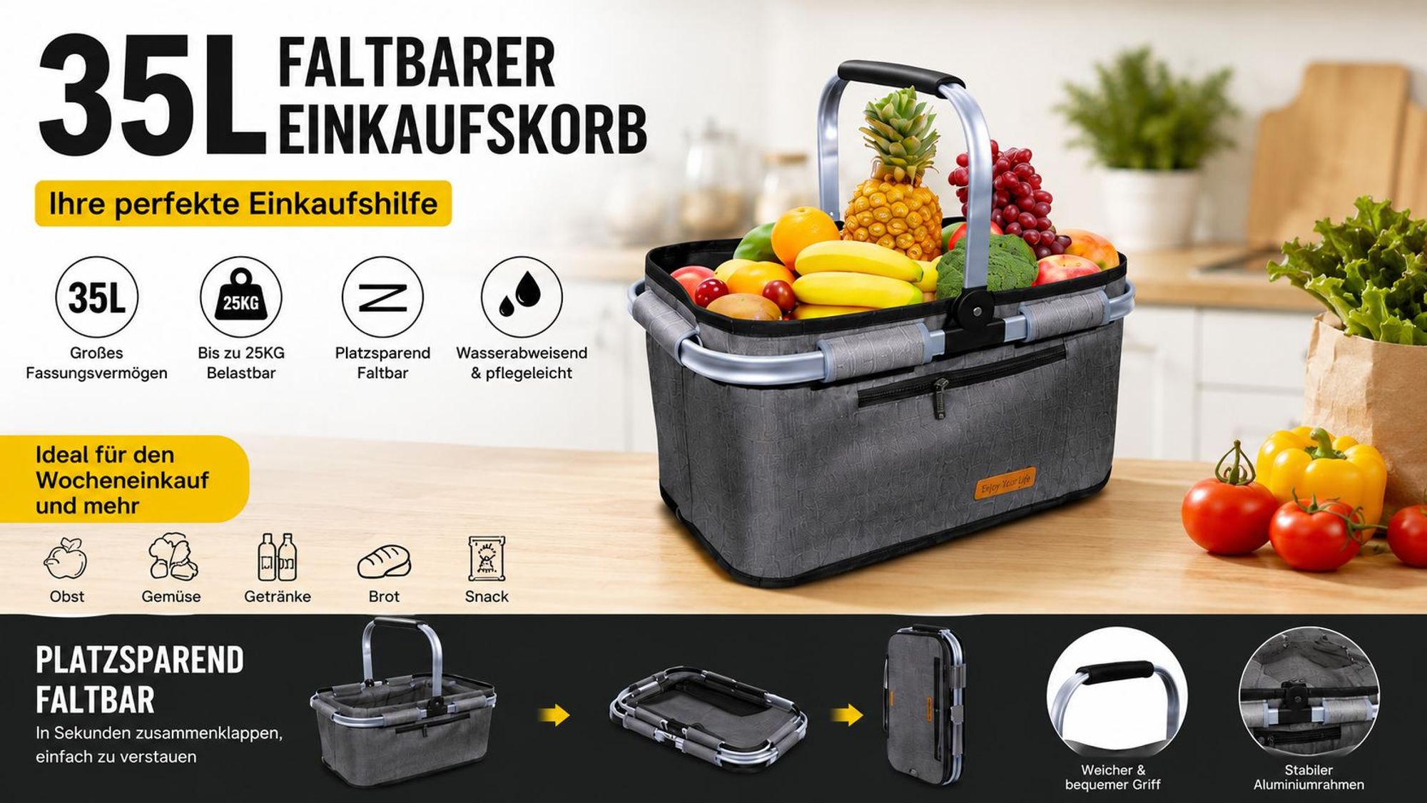 Einkaufskorb, Picknickkorb, Tragekorb, Stabilem Aluminiumrahmen, 35L großer Tragekorb für Einkauf, Picknick, Camping und Reisen, Platz sparen