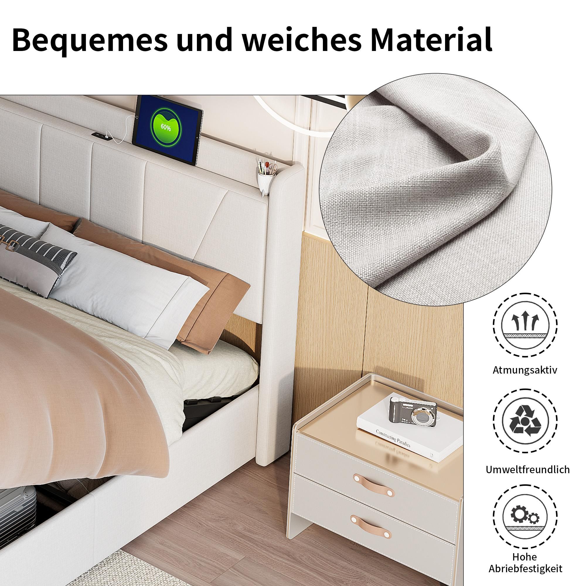 Fortuna Lai Polsterbett 160x200cm mit USB, Jugendbett Doppelbett mit Lattenrost und Stauraum, Stauraumbett, Leinen, Beige