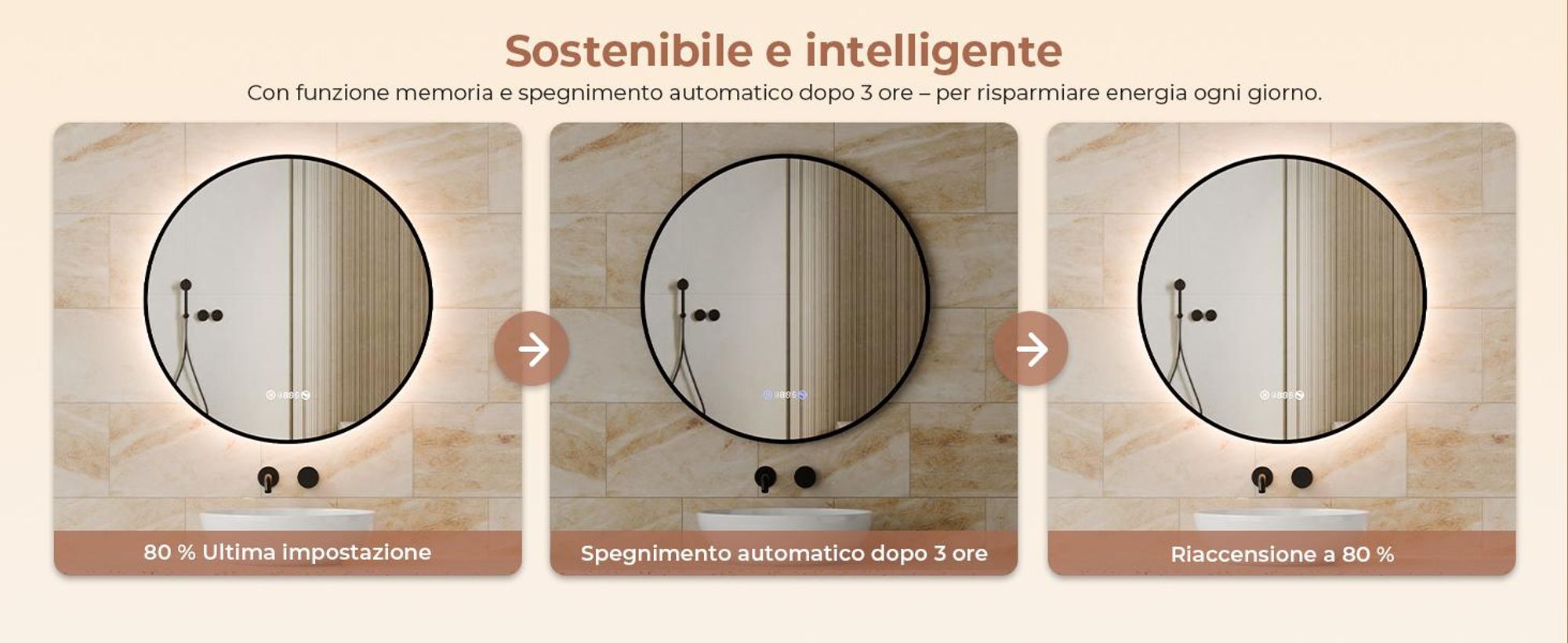 S'AFIELINA Specchio da bagno LED Rotondo 60cm, touch, antiappannamento, dimmerabile, orologio, temperatura, memoria, Nero