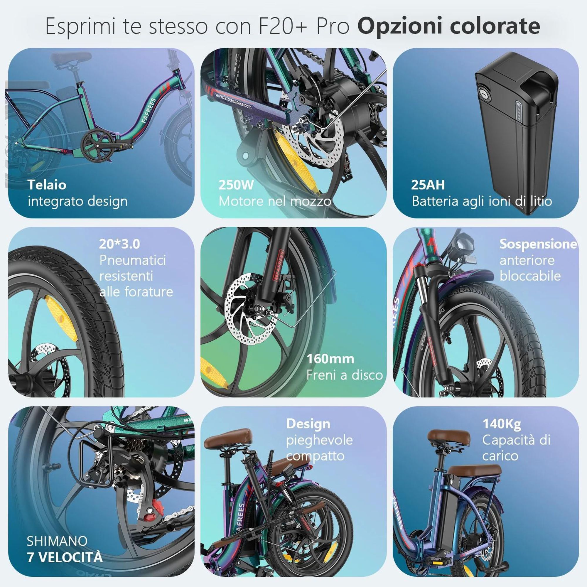 Bicicletta Elettrica FAFREES F20+ Pro - Motore 250W Batteria 36V25Ah Pneumatici Da 20" Freni A Disco Meccanici - Aurora Blu