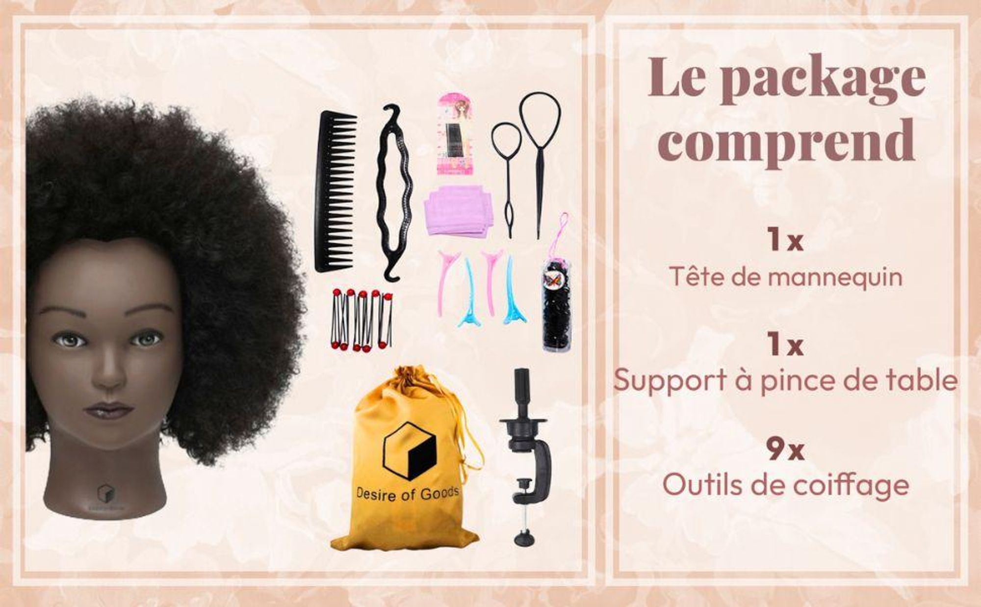 Desire of Goods Tête d'entraînement afro Tête de coiffeur - cheveux humains - avec pince de table & accessoires de coiffage - tête de coiffeur - 30 cm