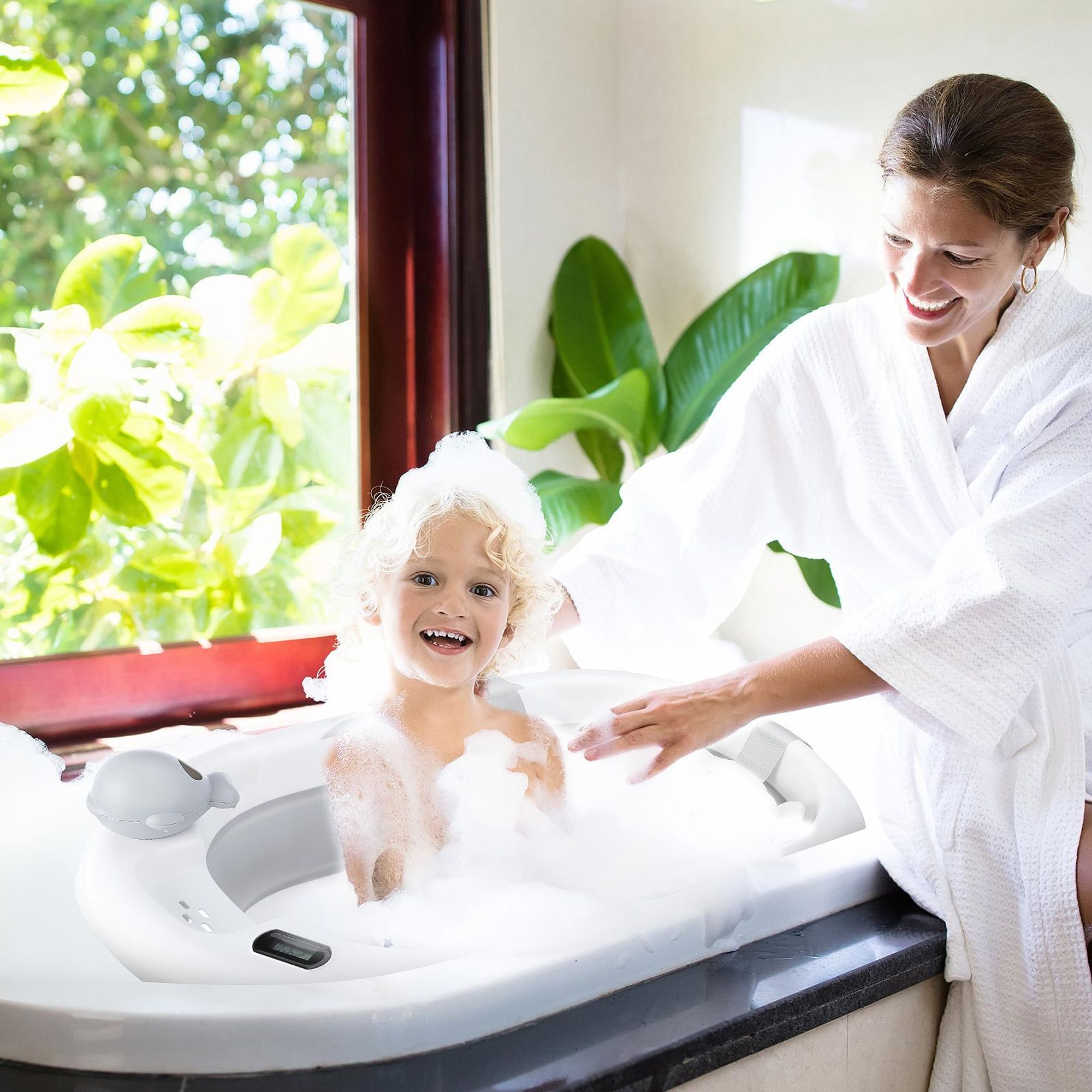 OYAJIA Babybadewanne Faltbar 81 cm Grau mit Thermometer und Badekissen – Babywanne für 0-2 Jahre Neugeborene sicher