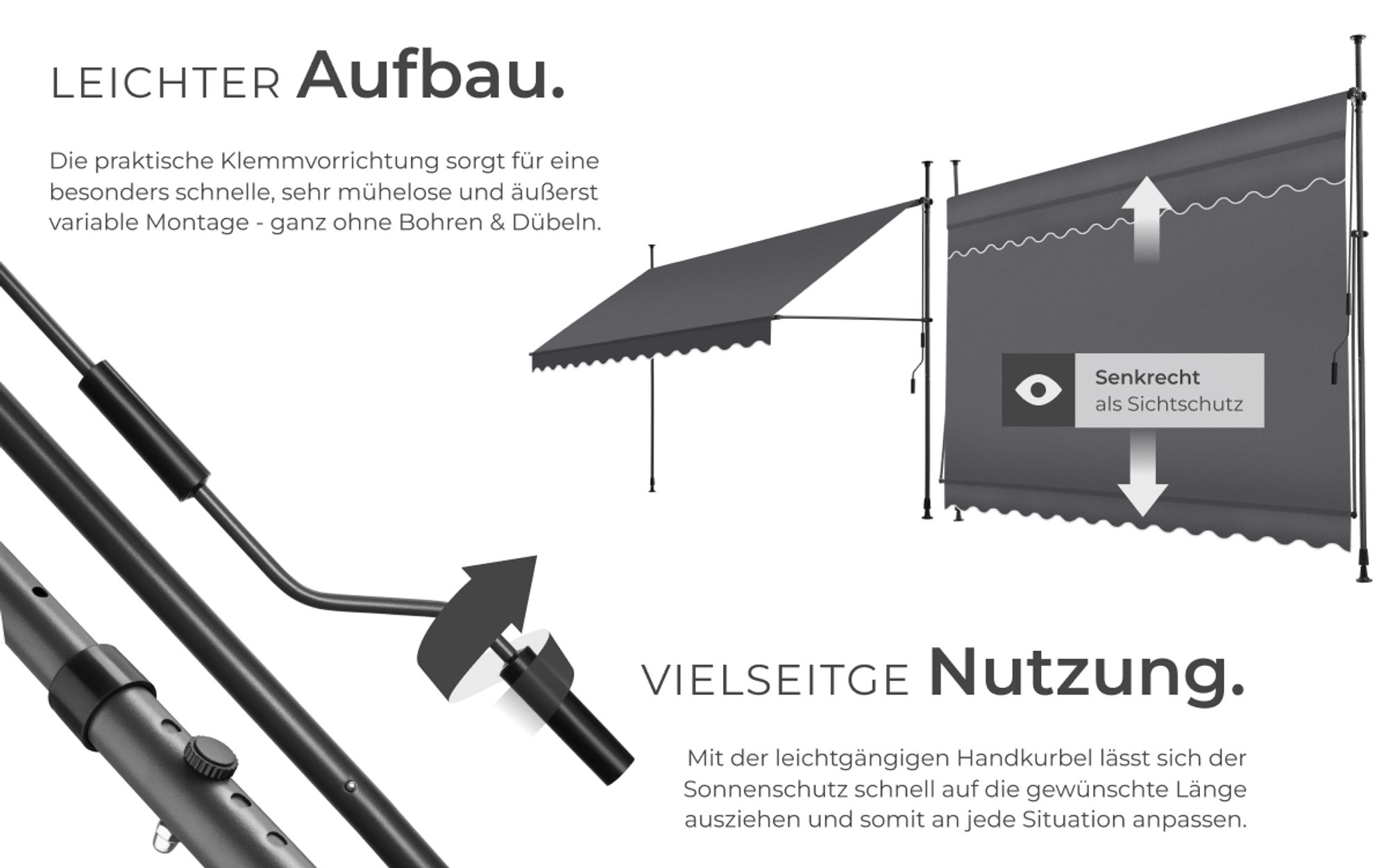 tectake® Klemmmarkise mit Handkurbel einfache Montage