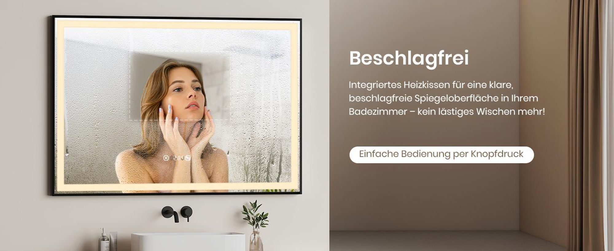 EMKE Badspiegel LED Spiegel 50x70cm Badezimmerspiegel Lichtspiegel mit Schwarz Rahmen Touch-Schalter, Beschlagfrei und Uhr Funktions