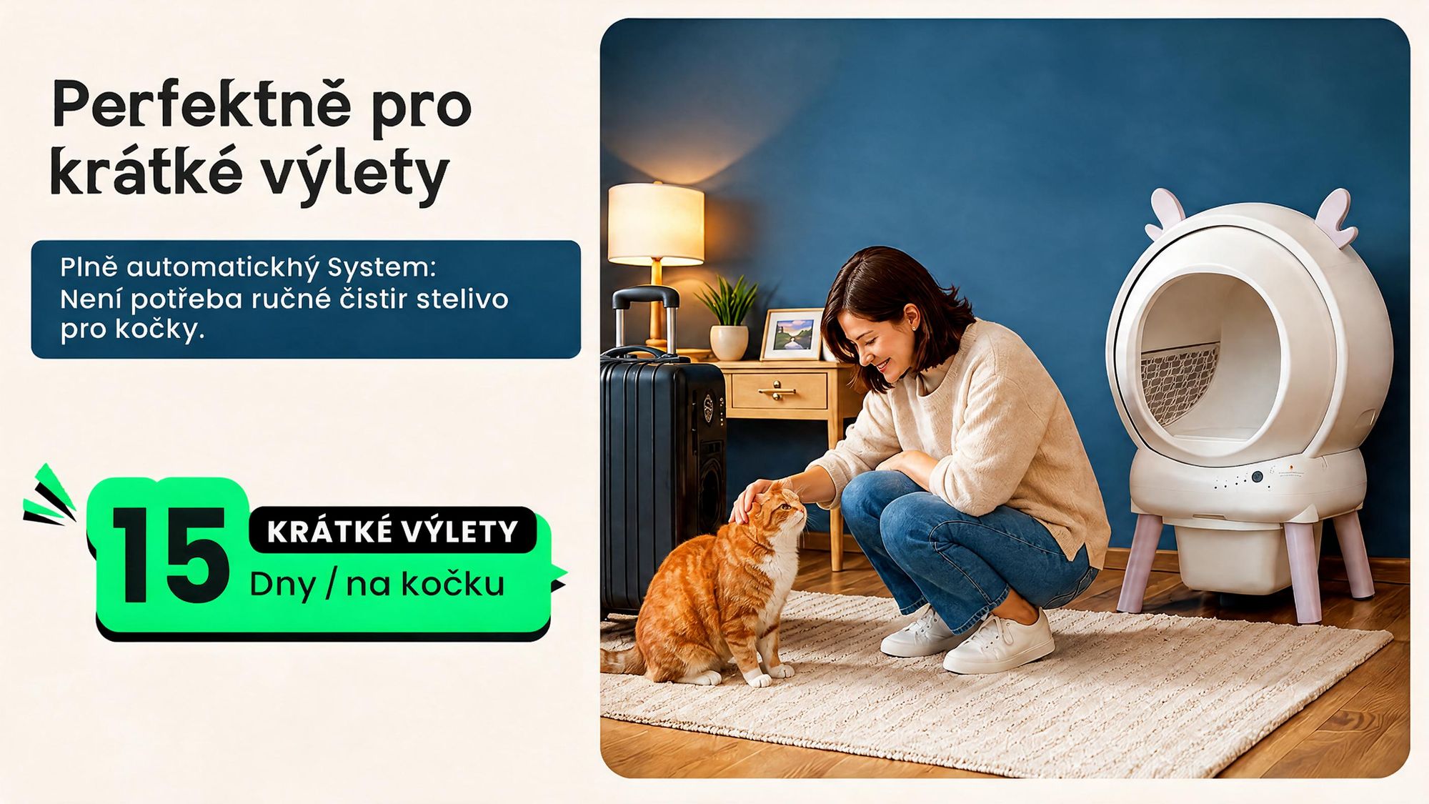 Samočistící kočičí toaleta XXL 65 l, automatická, ovládání přes aplikaci, 9 čidel proti zaseknutí, neutralizace zápachu, až 15 dní, pro více koček