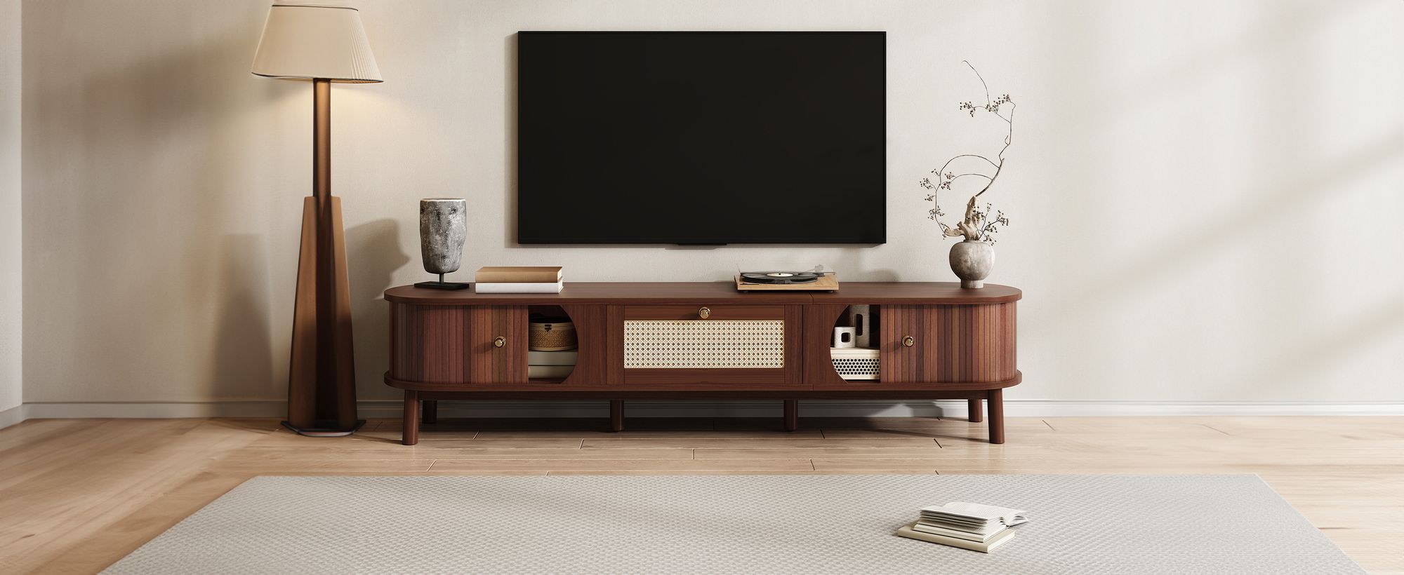 MODFU TV-Schrank aus Holz, TV-Sideboard mit Rattanschubladen, Lowboard mit Türen im Schiebetür-Design,Natur