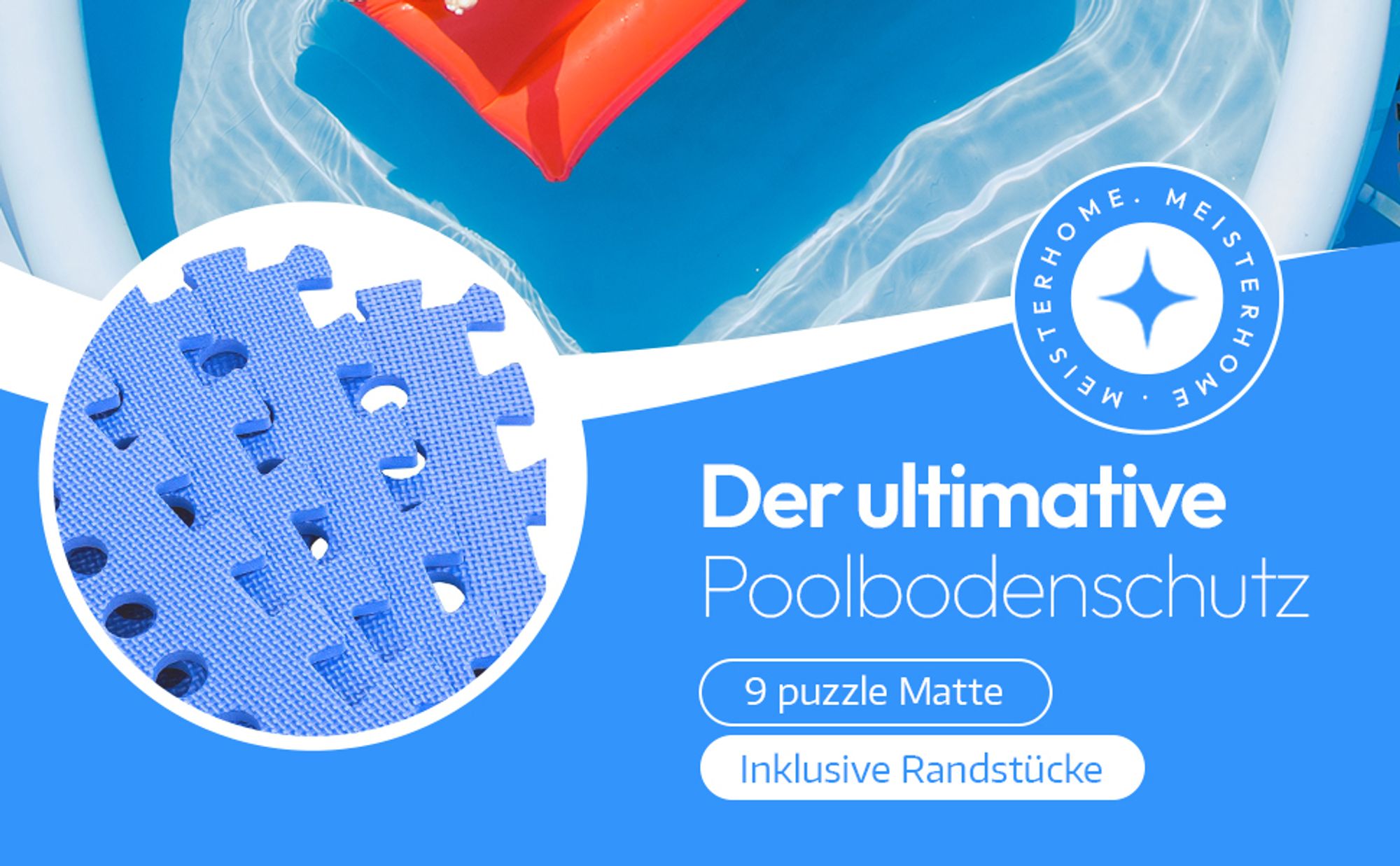 Meisterhome ® Pool Unterlegmatte Poolmatte Matte 9 Stück - 1 cm Dicke - 2.25 m² - Bodenschutzmatte für Pool - Planschbecken - Bodenfolie Bodenmatte Poolunterlage Bodenschutz Fitnessmatte blau