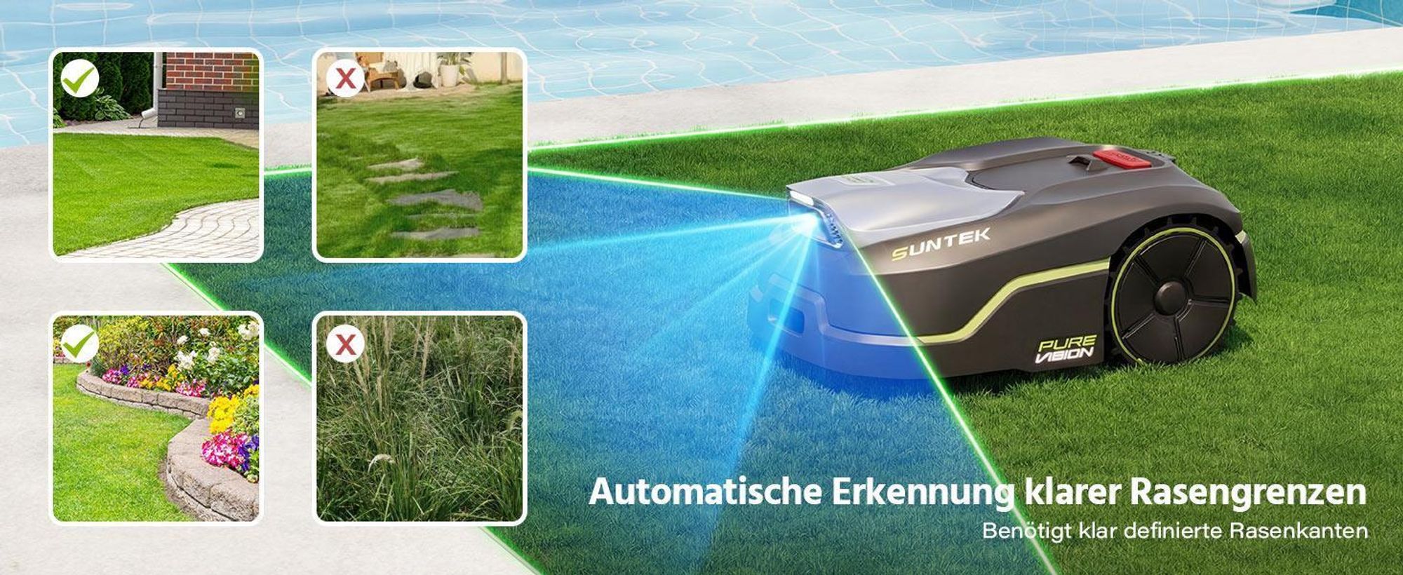 SUNTEK SRM2050 Mähroboter ohne Begrenzungskabel, KI Pure Vision Rasenmäher Roboter für 500 m² mit automatischer Kartierung,APP-Steuerung mit Garage