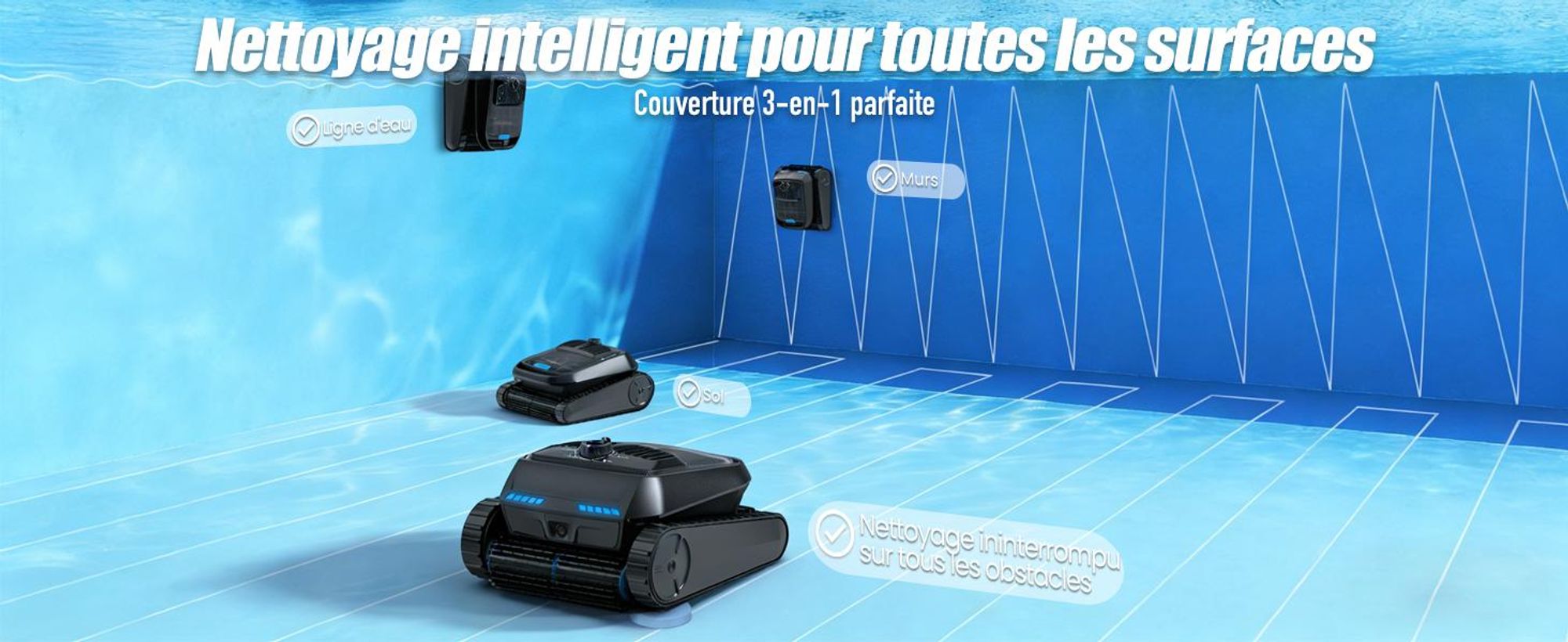 Robot de piscine AIRROBO CP400 Lite Robot nettoyeur de piscine pour sol/murs/ligne d'eau, aspirateur de piscine sans fil, autonomie de 150 min