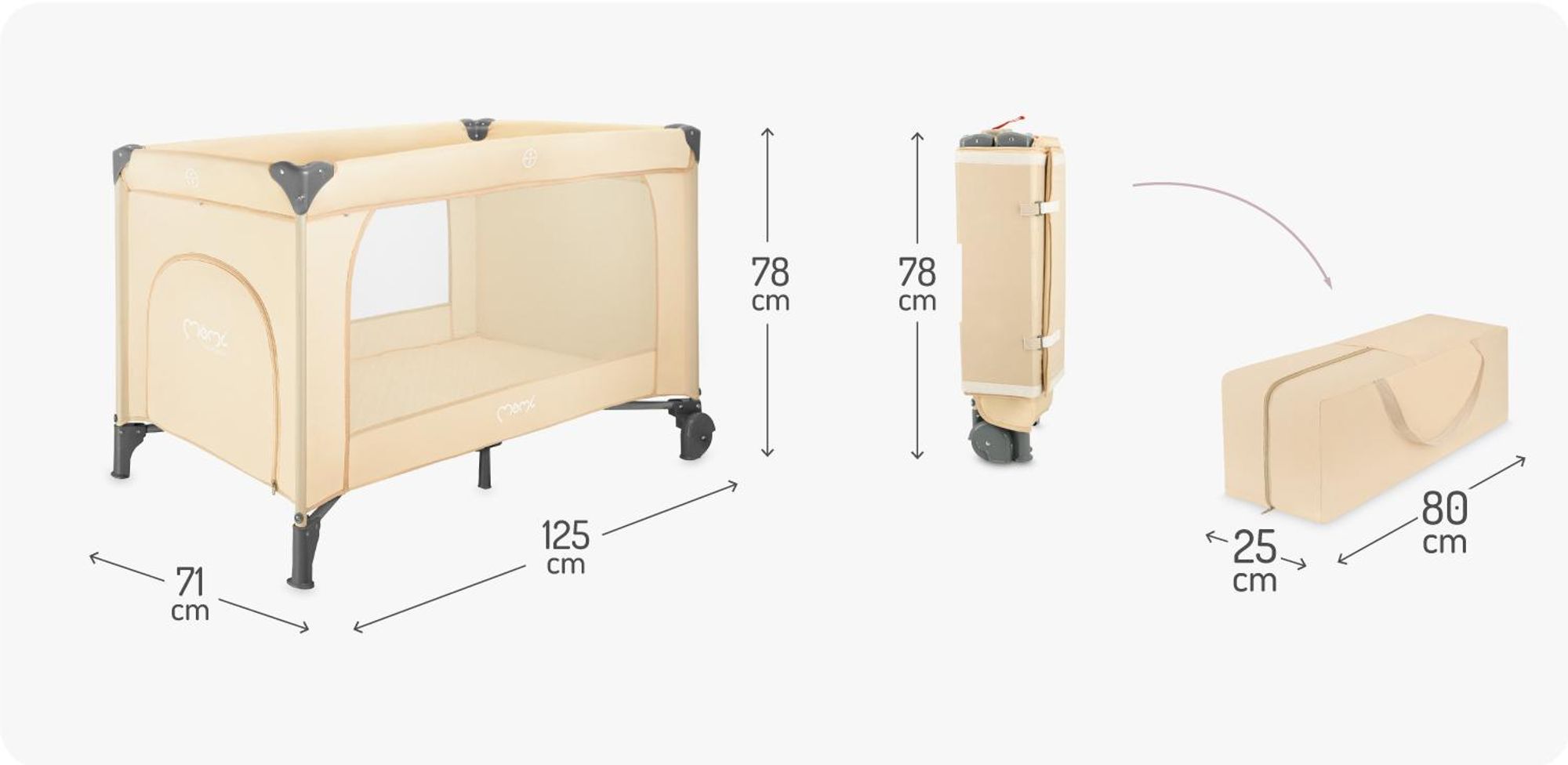MoMi BELOVE PLUS – Babyreisebett mit Matratze, Spielbogen & Wickeltisch, 2 Ebenen, Zubehör inkl. – Beige