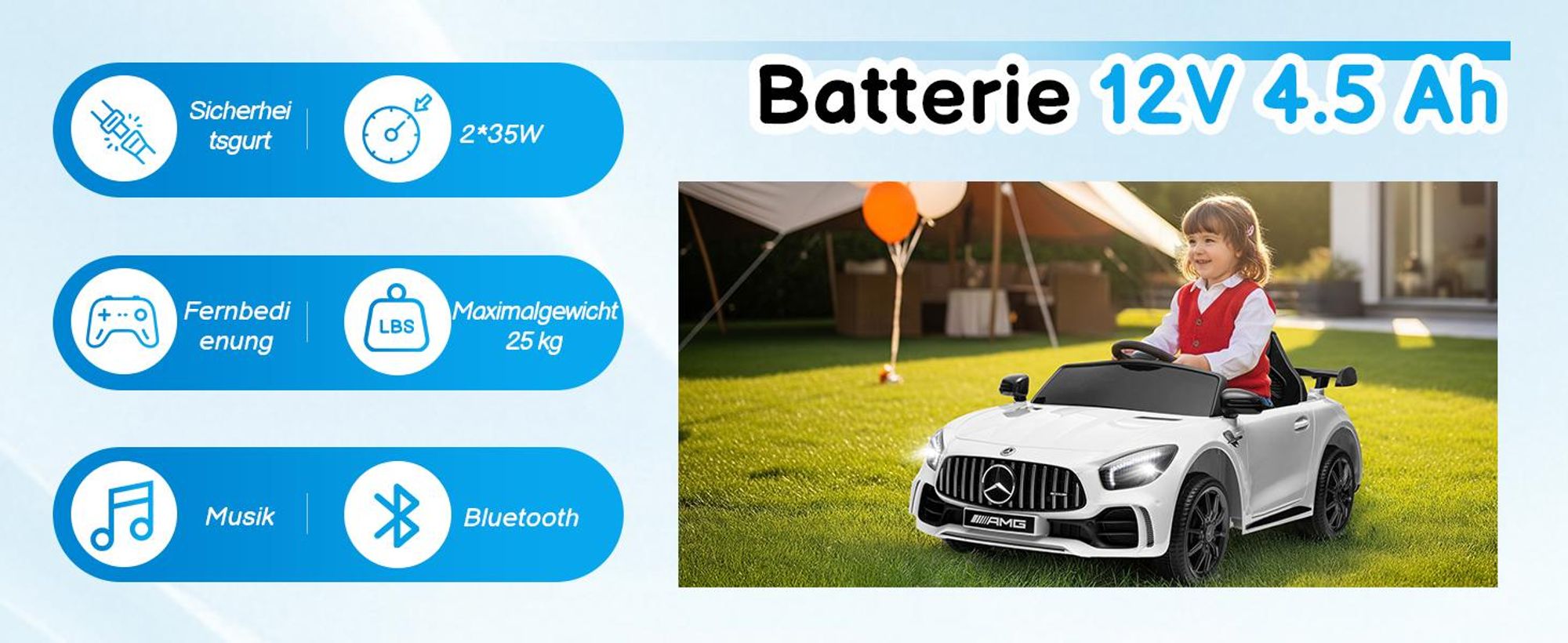 Elektroauto Kinderauto Mercedes-Benz AMG Gtr, mit 2,4G Fernbedienung, LED Scheinwerfer, MP3, Hupe und Musik, weiß