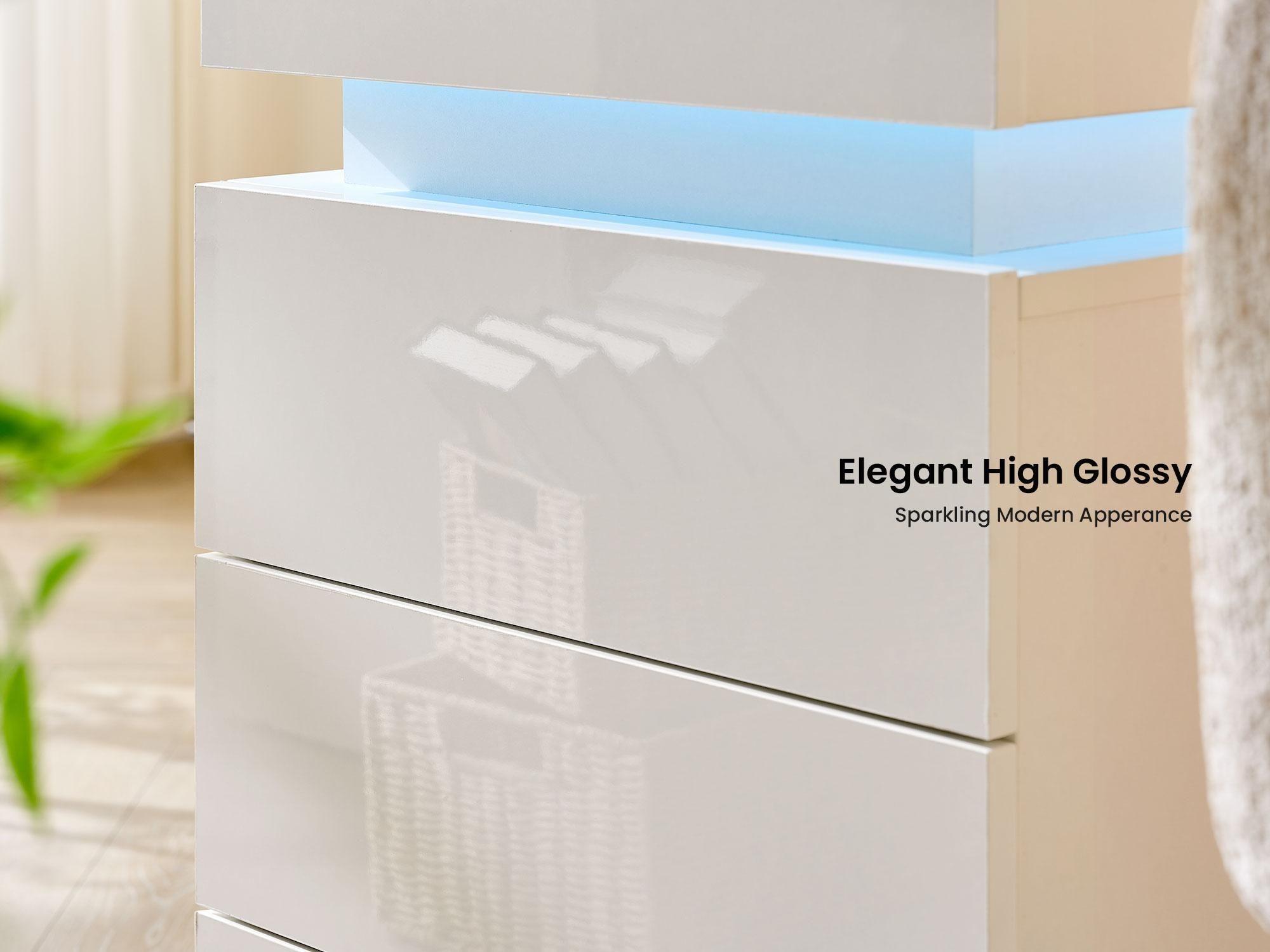CLIPOP 3-Schubladen-Nachttisch aus Hochglanz mit LED-Lichtleiste,Weiß
